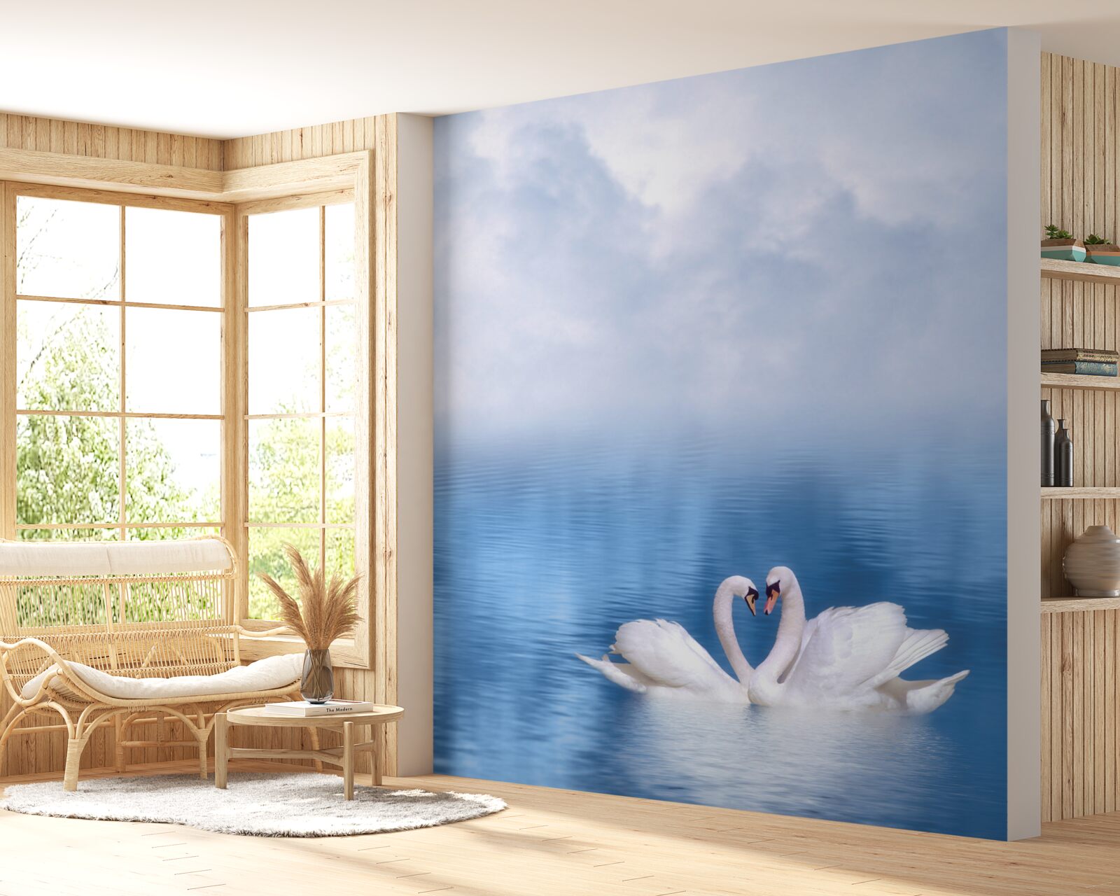 Papier peint une famille de cygnes blancs sur un lac brumeux dans les montagnes