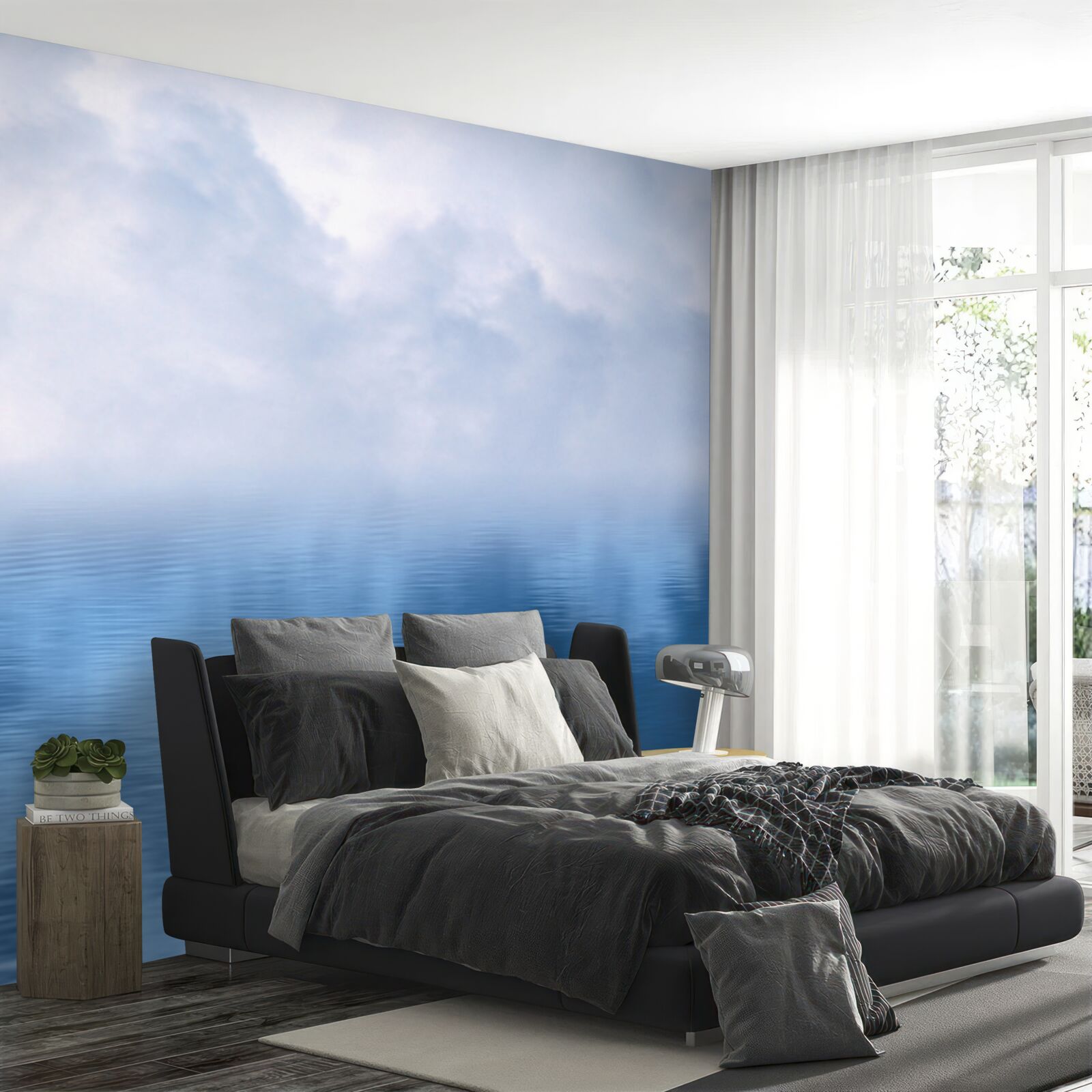 Papier peint une famille de cygnes blancs sur un lac brumeux dans les montagnes