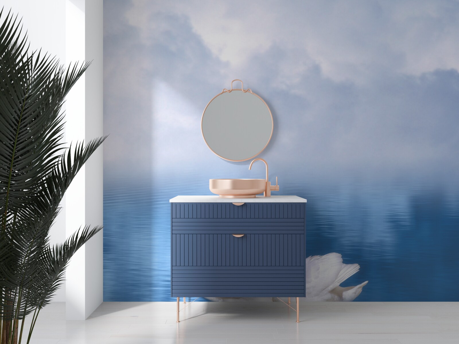 Papier peint une famille de cygnes blancs sur un lac brumeux dans les montagnes