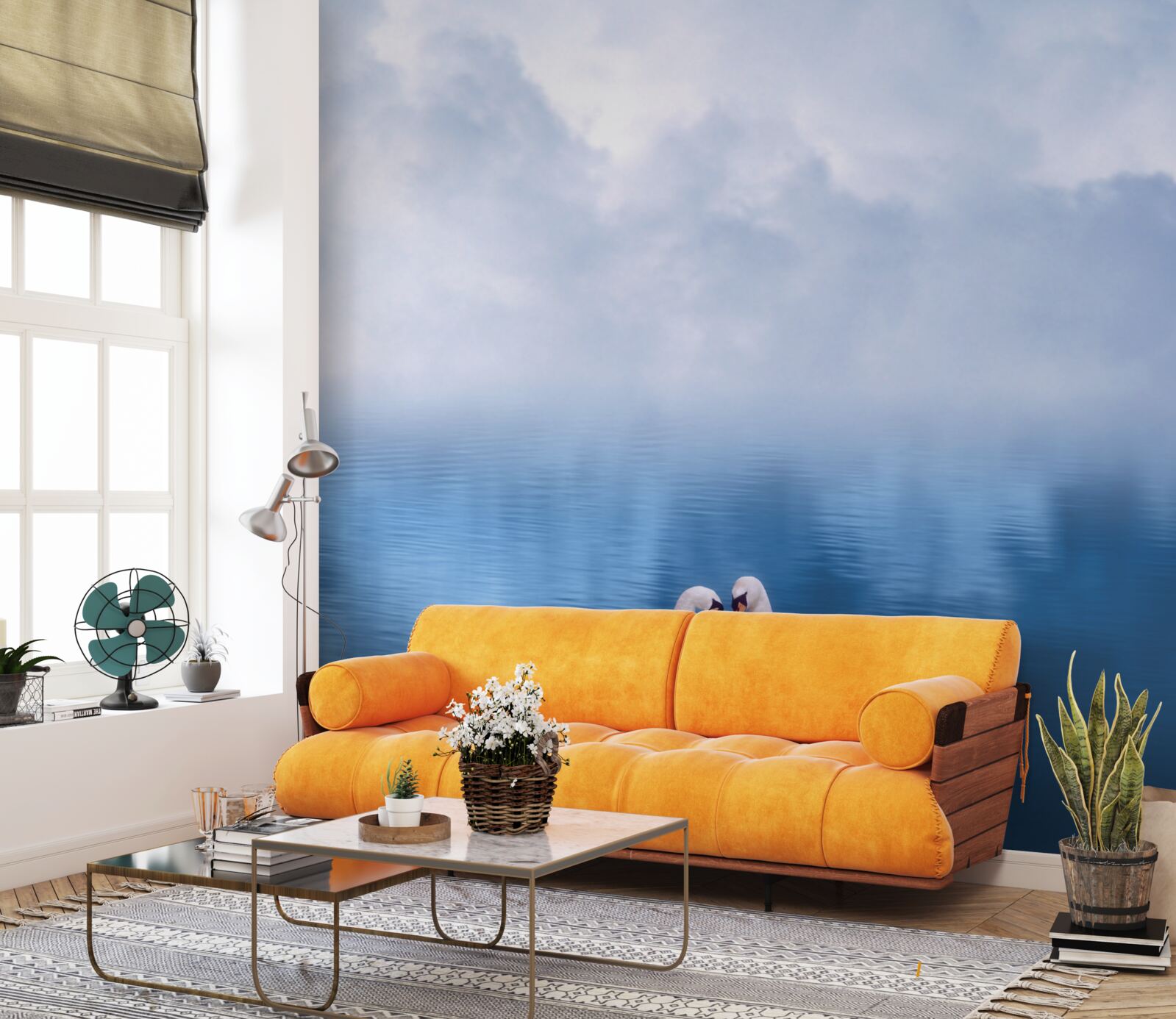 Papier peint une famille de cygnes blancs sur un lac brumeux dans les montagnes