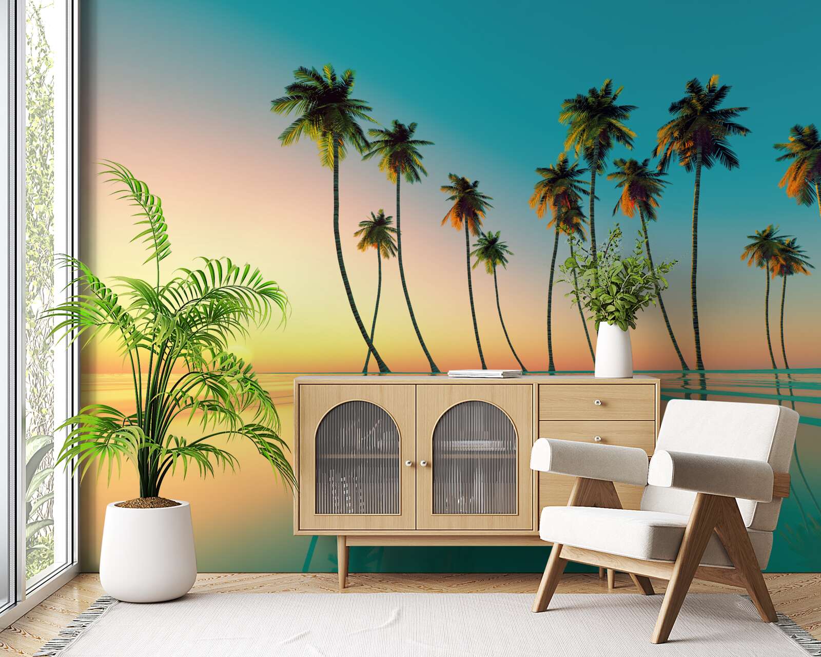 Papier peint de minces palmiers au bord de la piscine sur fond de soleil couchant