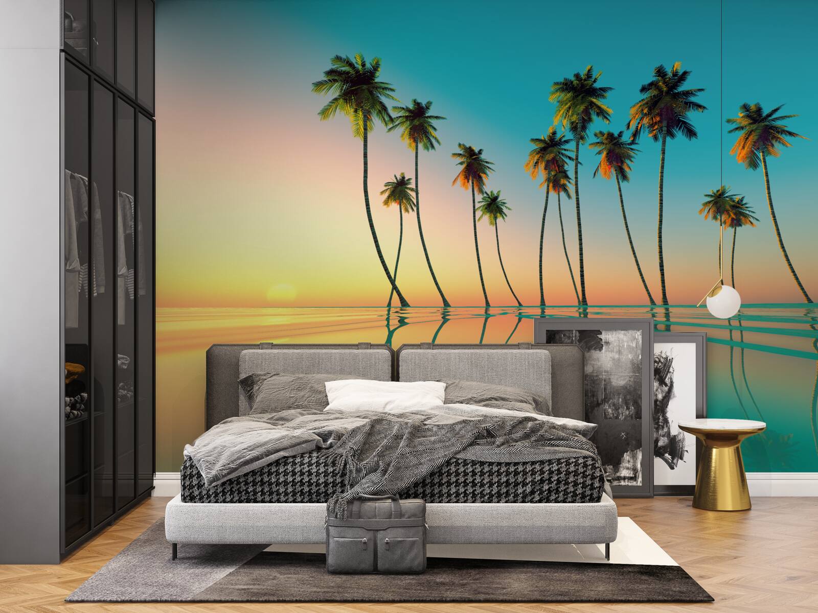 Papier peint de minces palmiers au bord de la piscine sur fond de soleil couchant