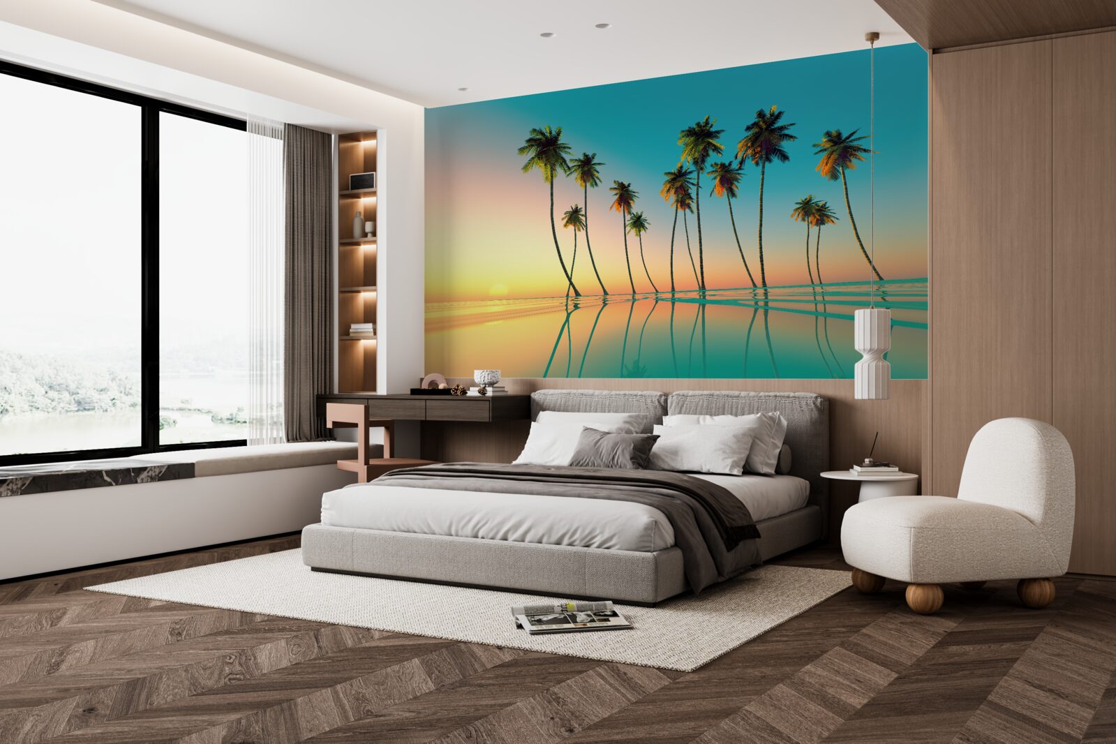 Papier peint de minces palmiers au bord de la piscine sur fond de soleil couchant