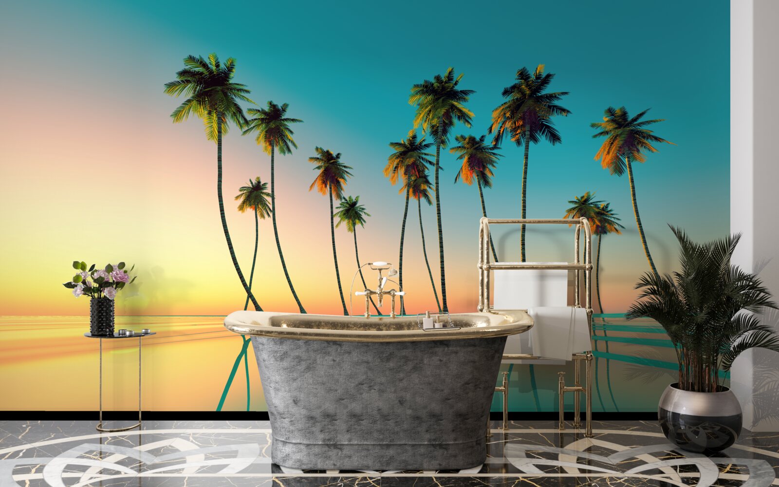 Papier peint de minces palmiers au bord de la piscine sur fond de soleil couchant