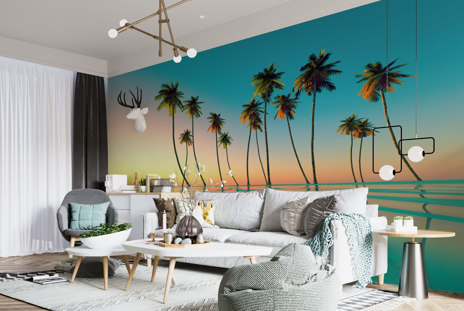 Papier peint de minces palmiers au bord de la piscine sur fond de soleil couchant