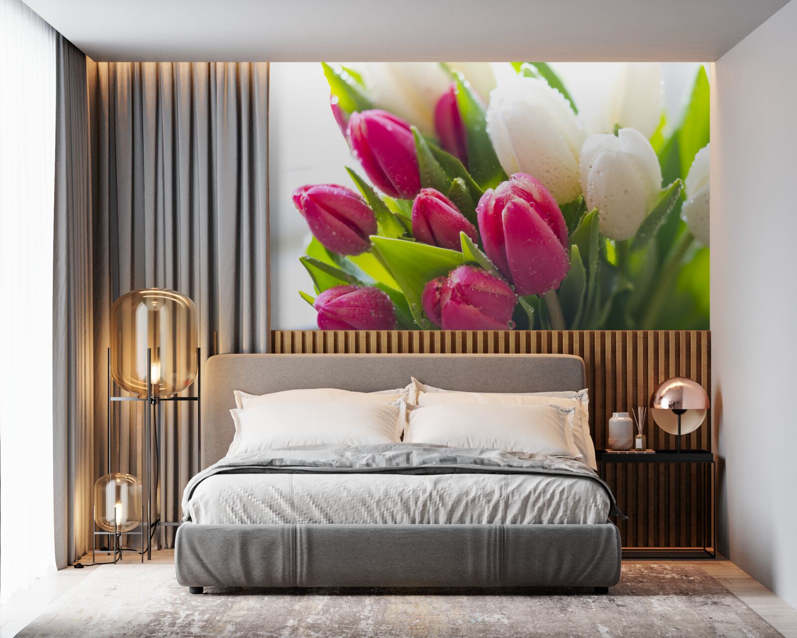 Papier peint composition de tulipes blanches et lavande couvertes de rosée