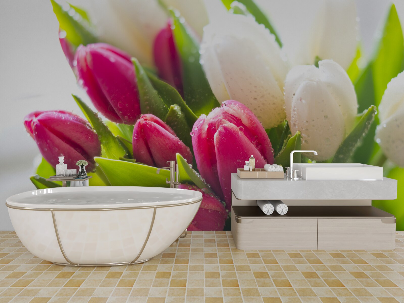 Papier peint composition de tulipes blanches et lavande couvertes de rosée