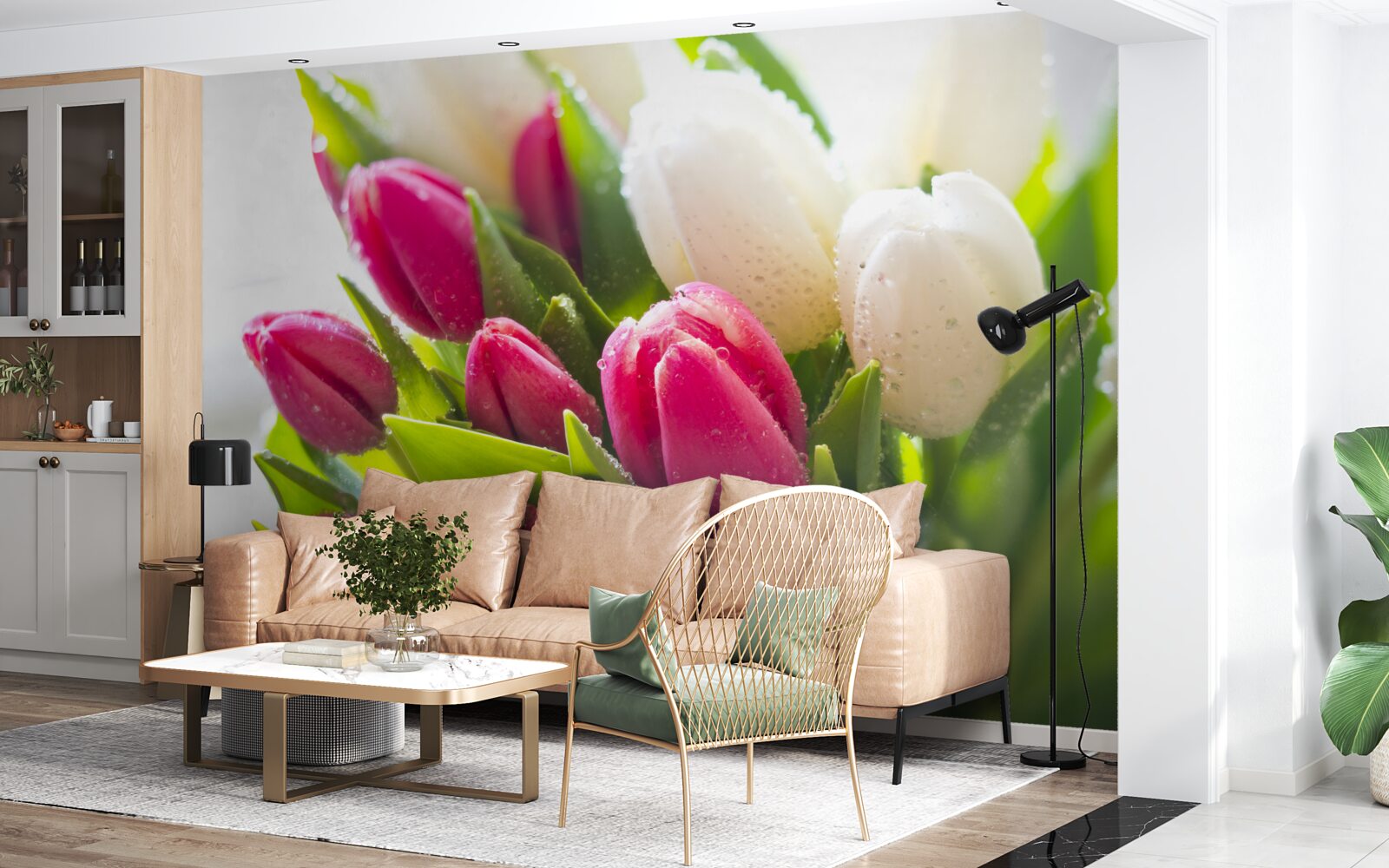 Papier peint composition de tulipes blanches et lavande couvertes de rosée