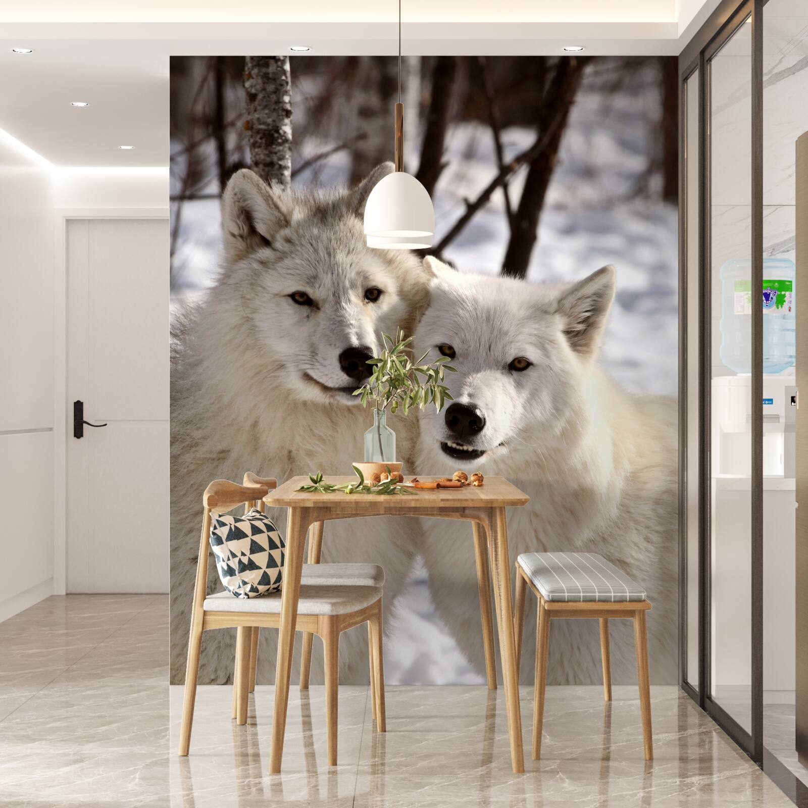 Papier peint une meute de loups blancs dans une forêt enneigée