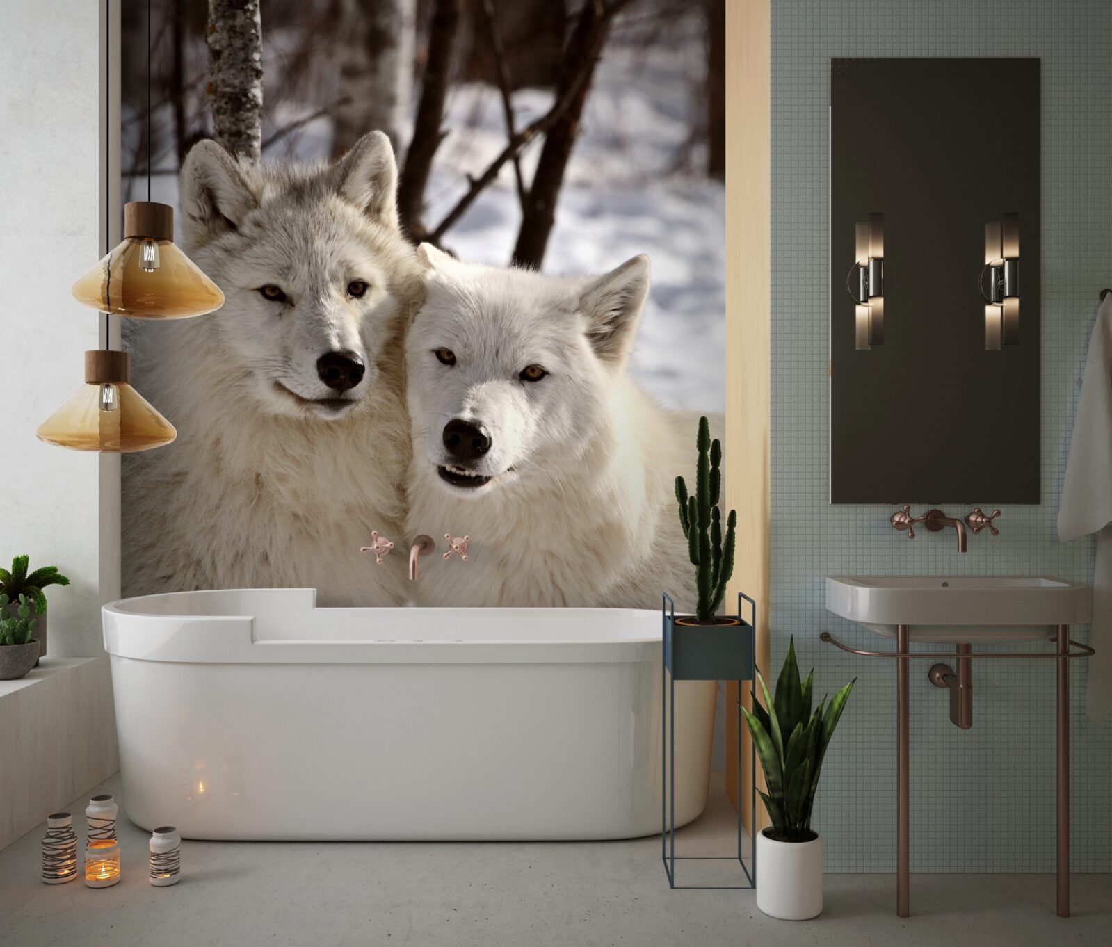 Papier peint une meute de loups blancs dans une forêt enneigée