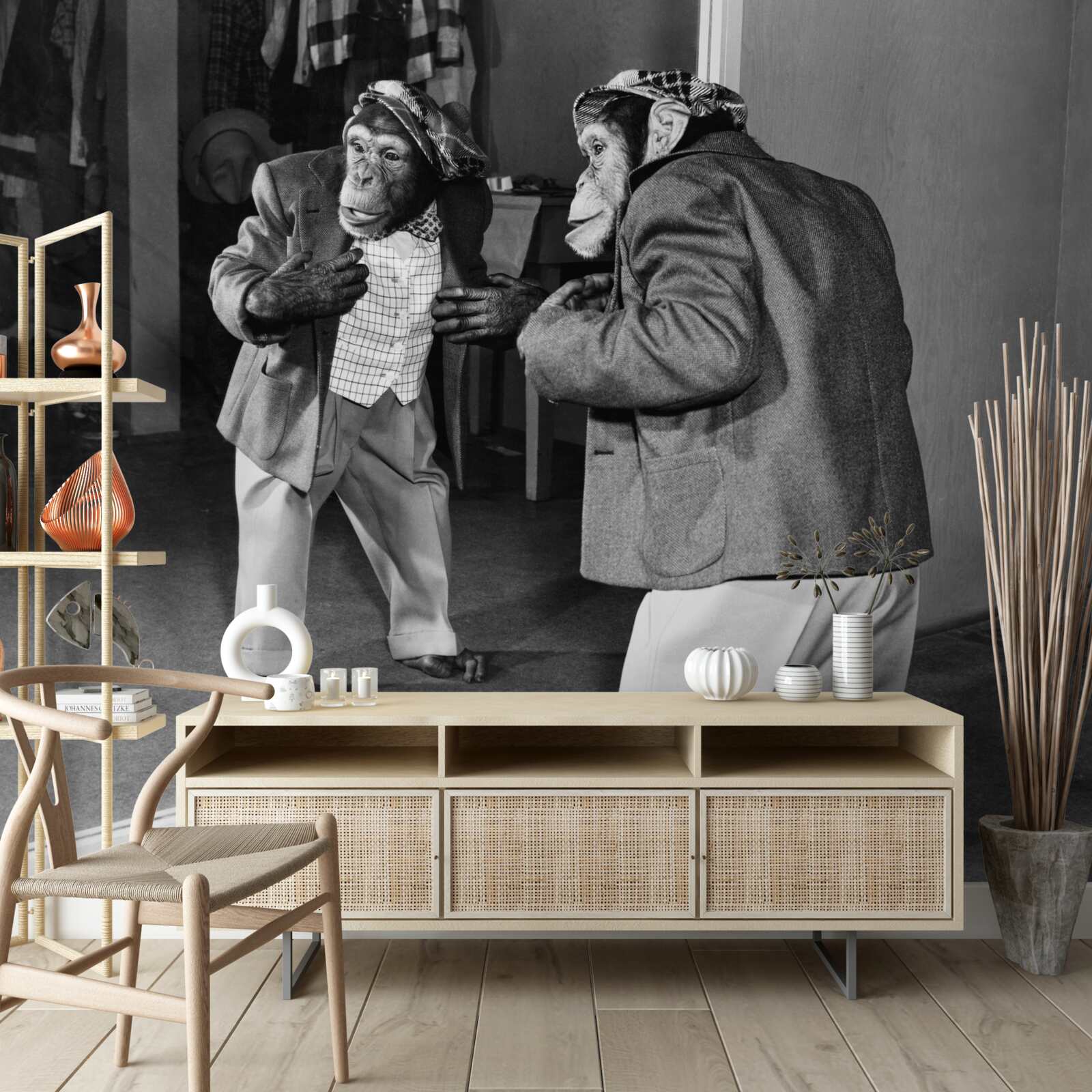 Papier peint singe habillé se regardant dans le miroir