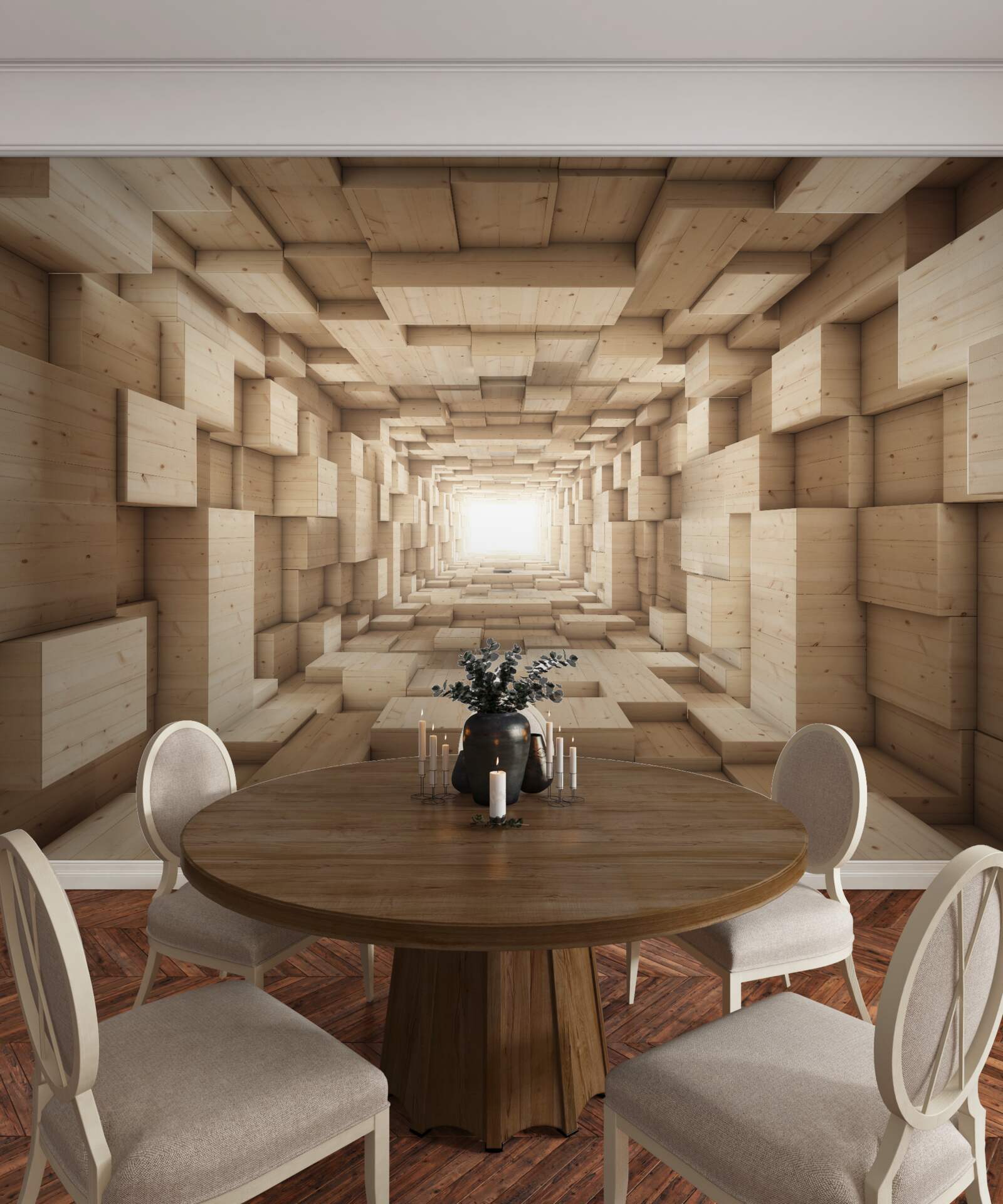 Papier peint tunnel en retrait, peint dans des tons bruns