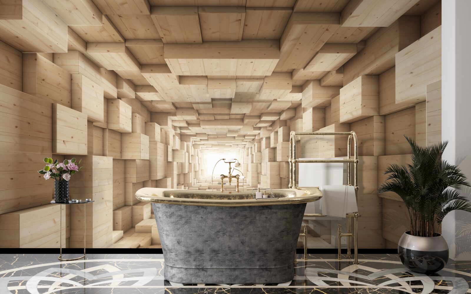 Papier peint tunnel en retrait, peint dans des tons bruns