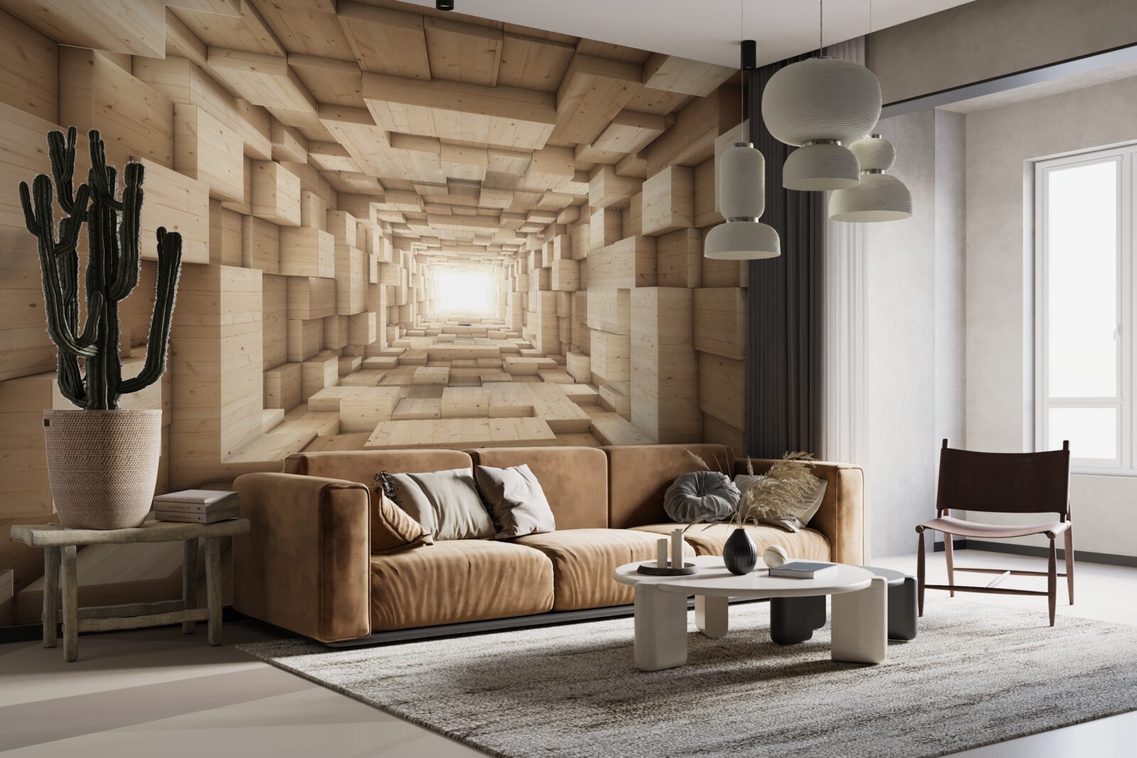 Papier peint tunnel en retrait, peint dans des tons bruns