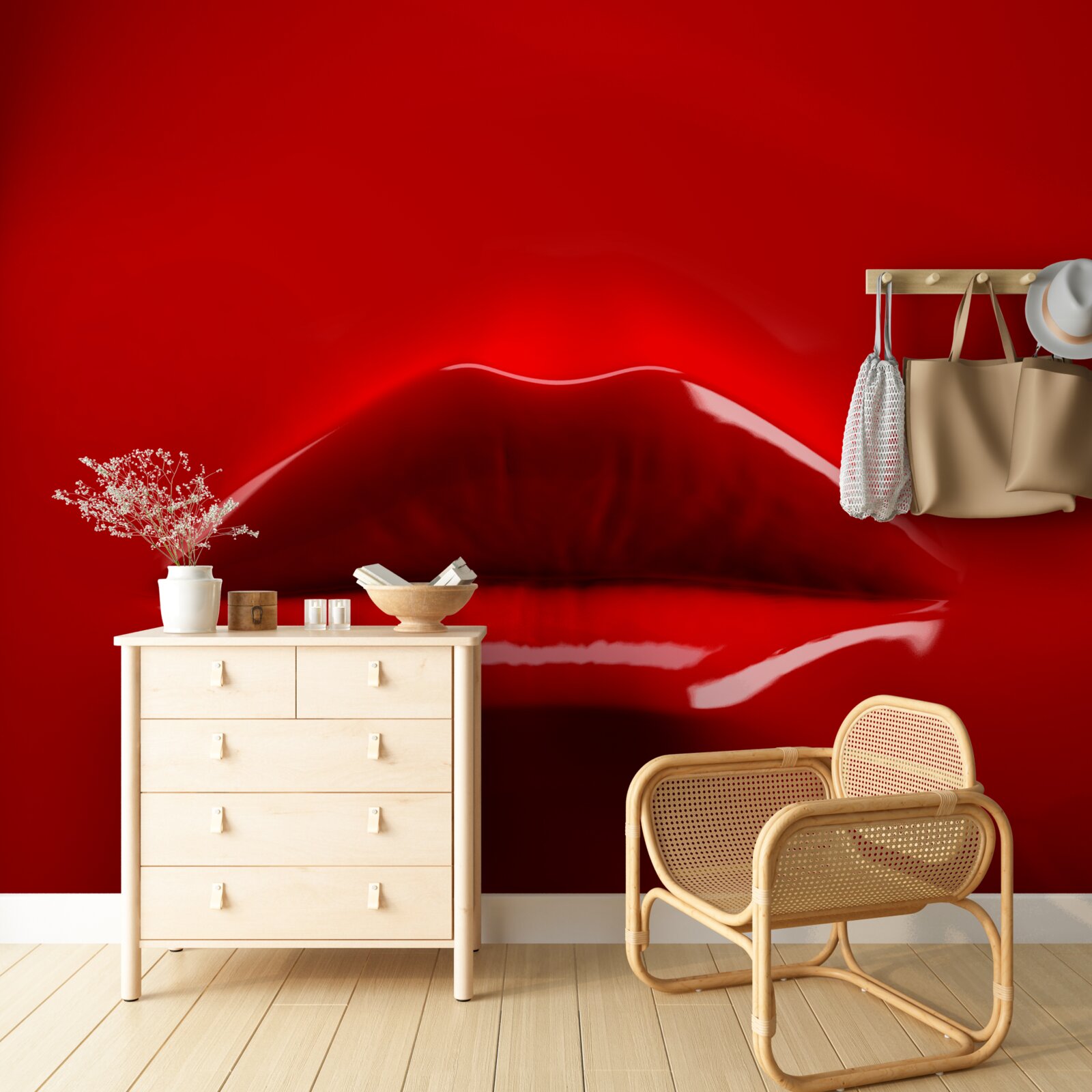 Papier peint les lèvres rouges et pulpeuses se détachent sur un fond rouge