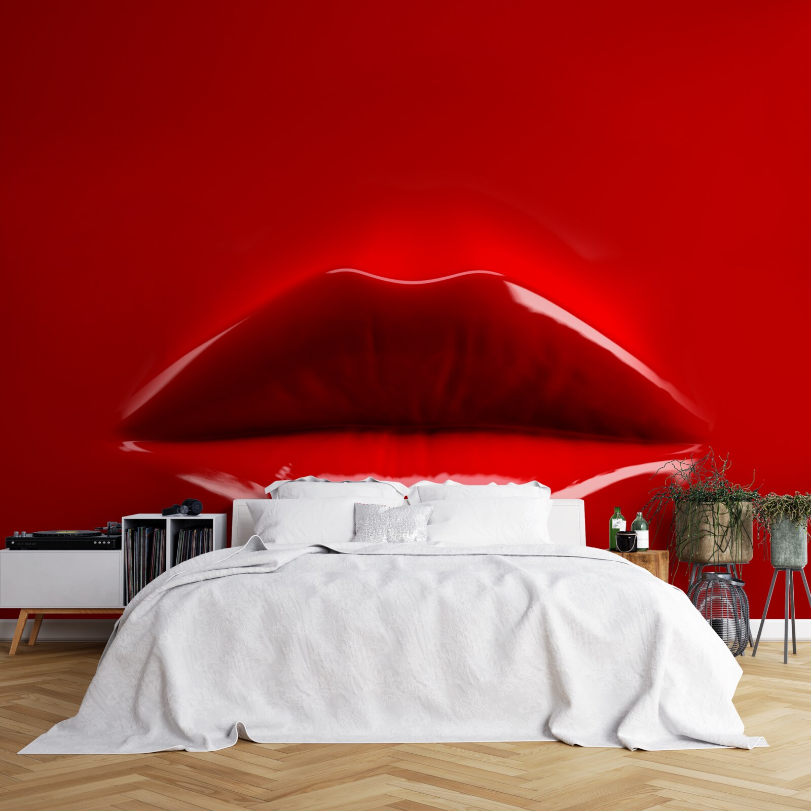 Papier peint les lèvres rouges et pulpeuses se détachent sur un fond rouge