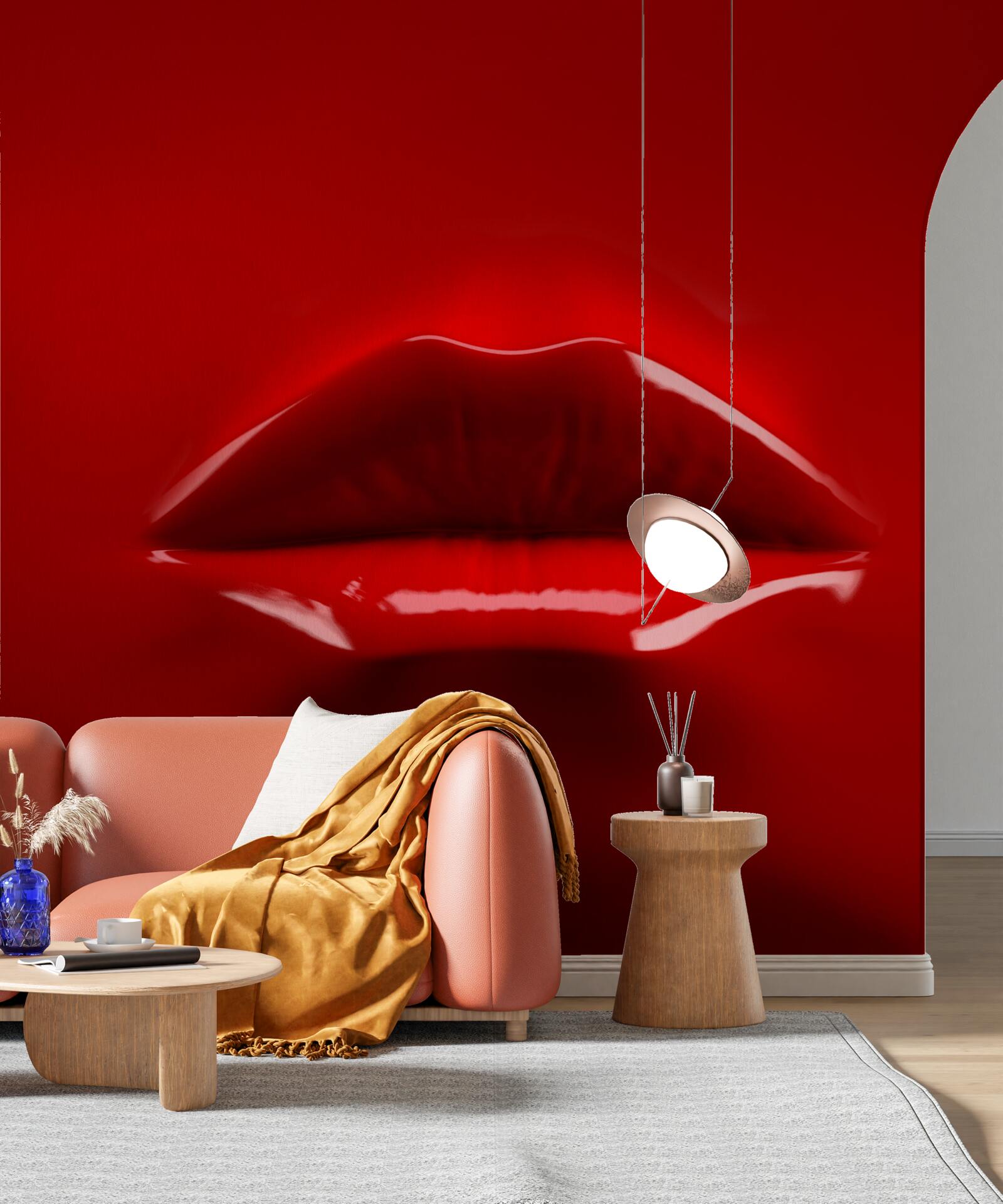 Papier peint les lèvres rouges et pulpeuses se détachent sur un fond rouge