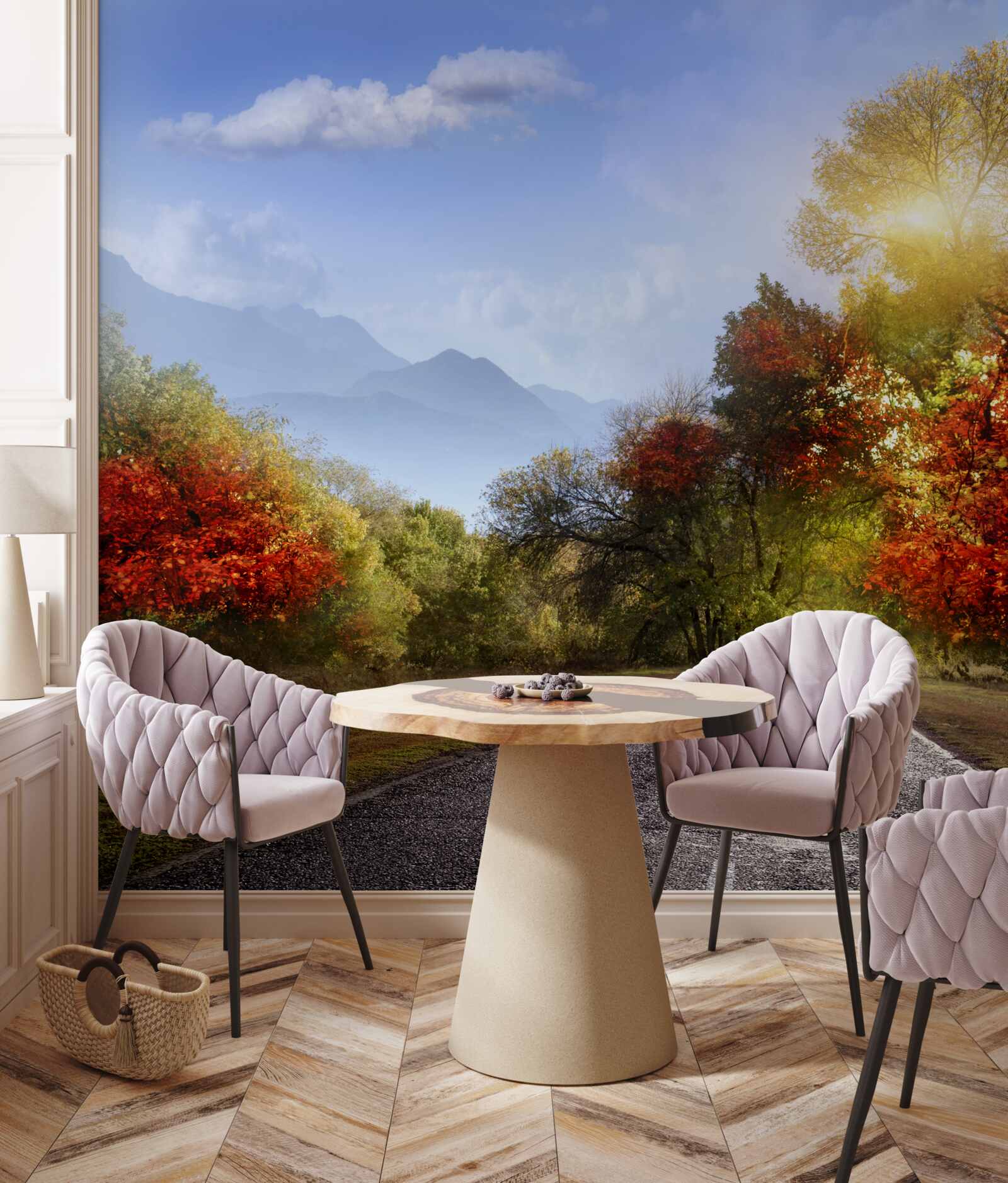 Papier peint route forestière d'automne sous la pluie