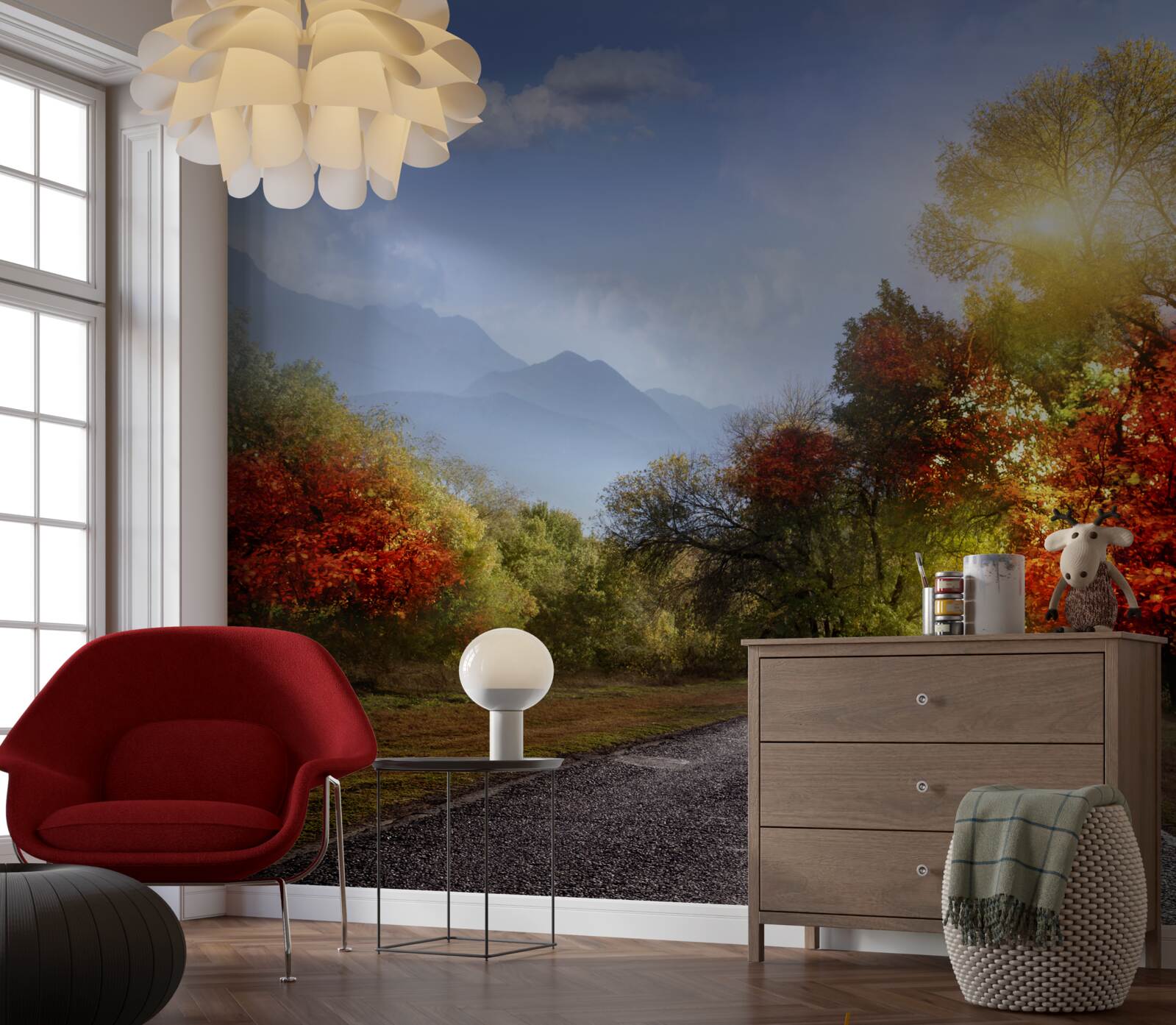 Papier peint route forestière d'automne sous la pluie