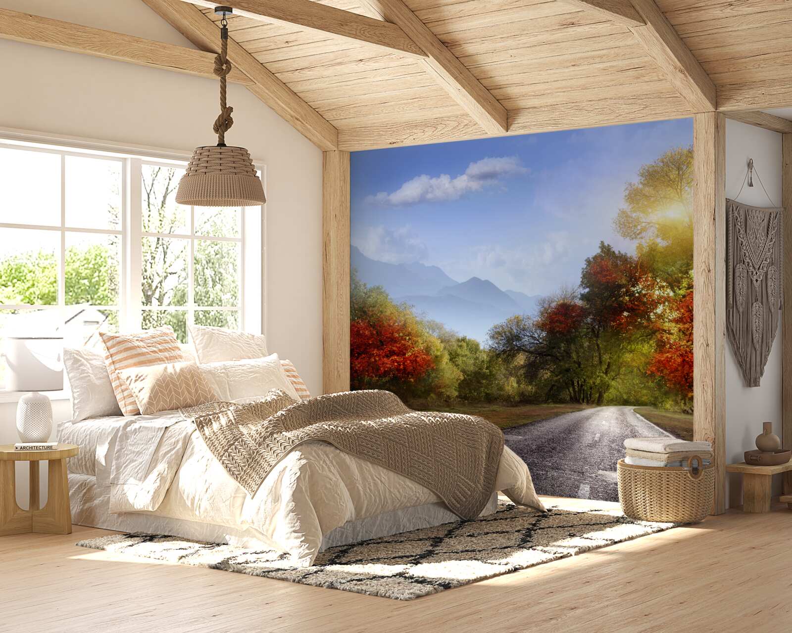 Papier peint route forestière d'automne sous la pluie