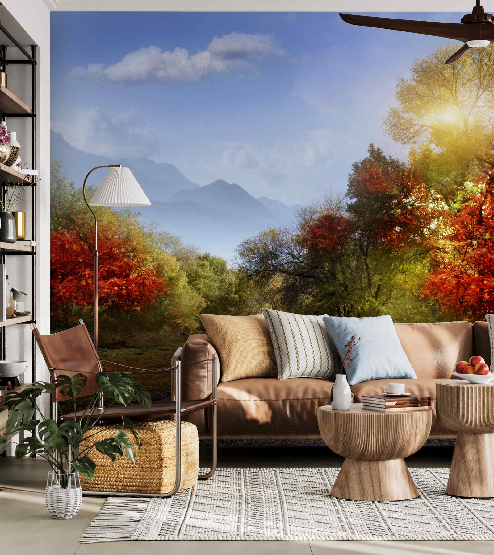 Papier peint route forestière d'automne sous la pluie