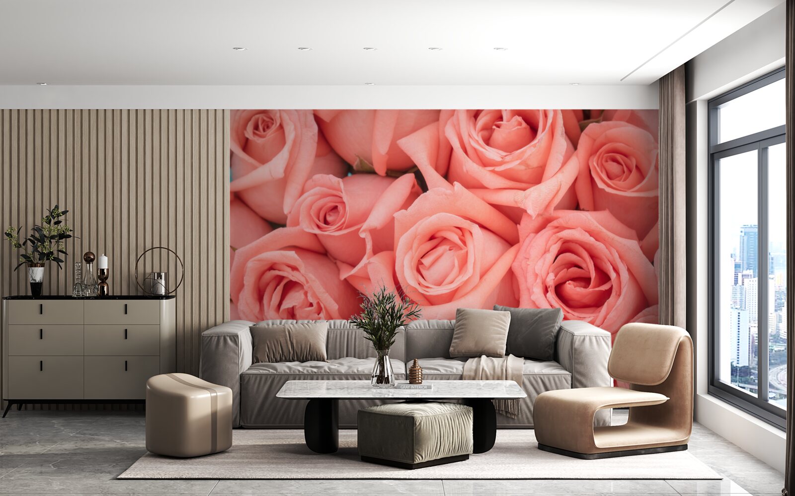 Papier peint boutons de roses roses