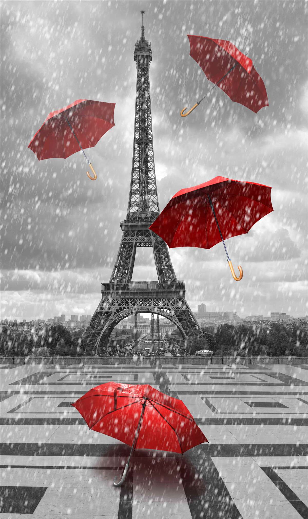 Papier peint parapluies rouges sur la place devant la tour