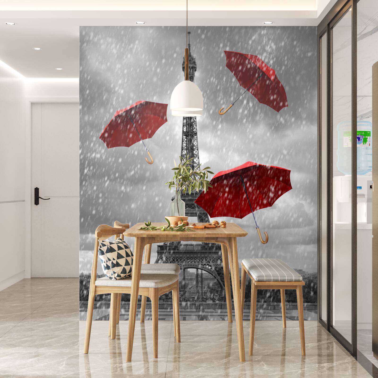 Papier peint parapluies rouges sur la place devant la tour