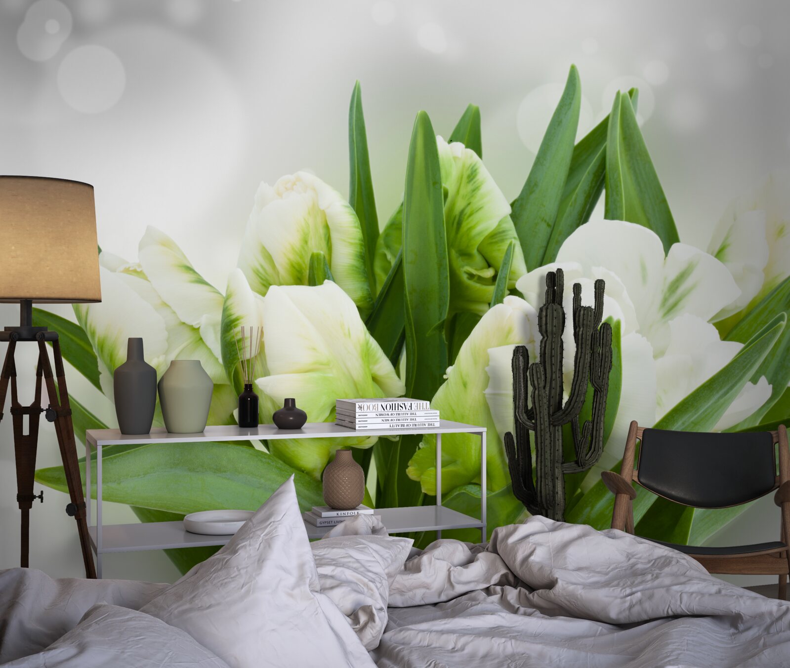 Papier peint composition de tulipes dans les tons de blanc et de vert