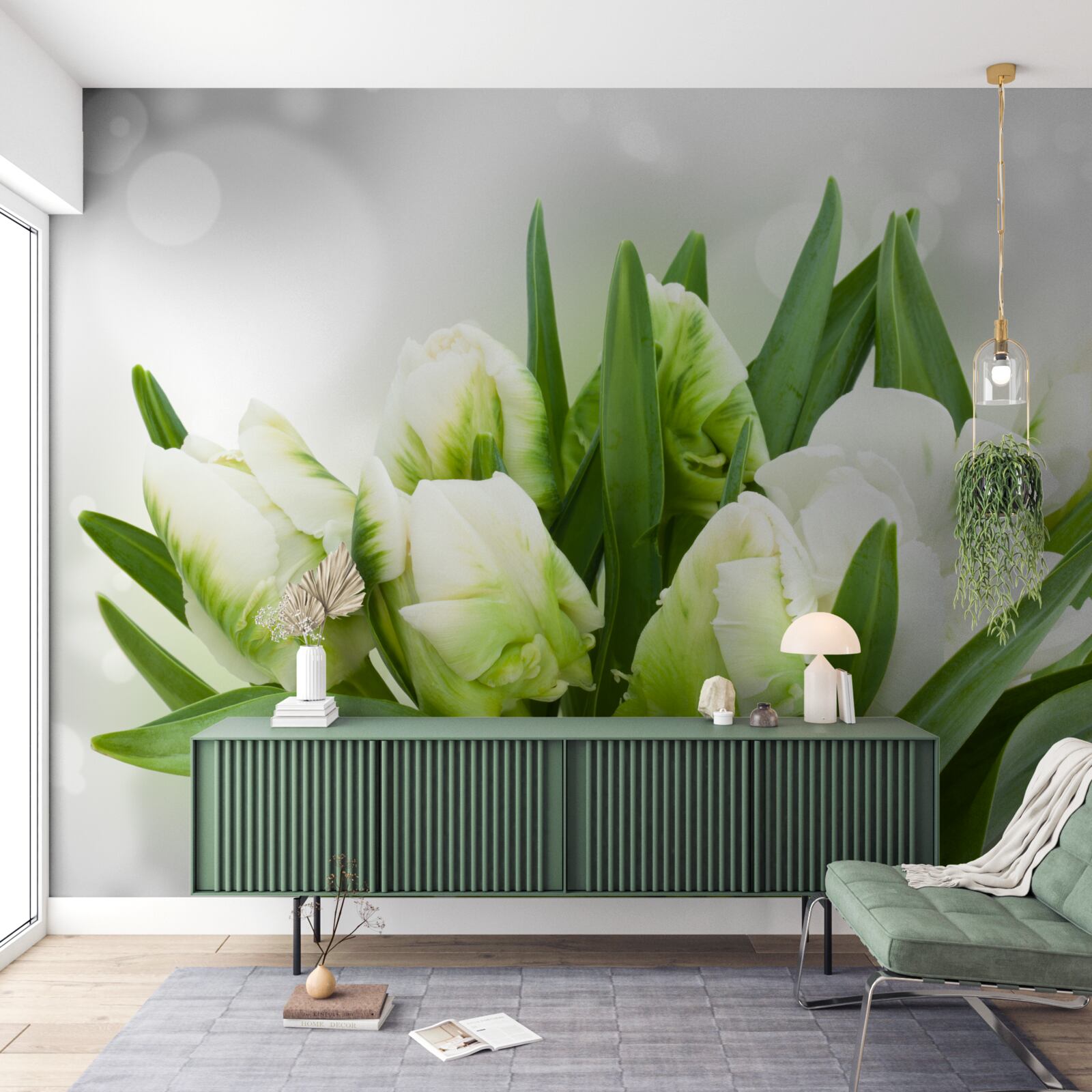 Papier peint composition de tulipes dans les tons de blanc et de vert