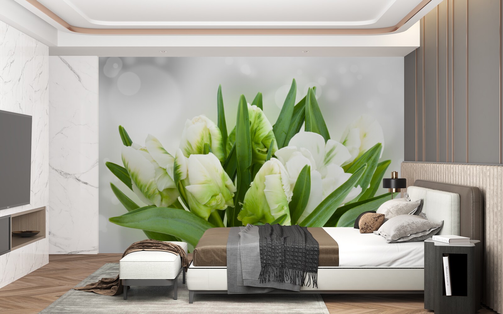 Papier peint composition de tulipes dans les tons de blanc et de vert