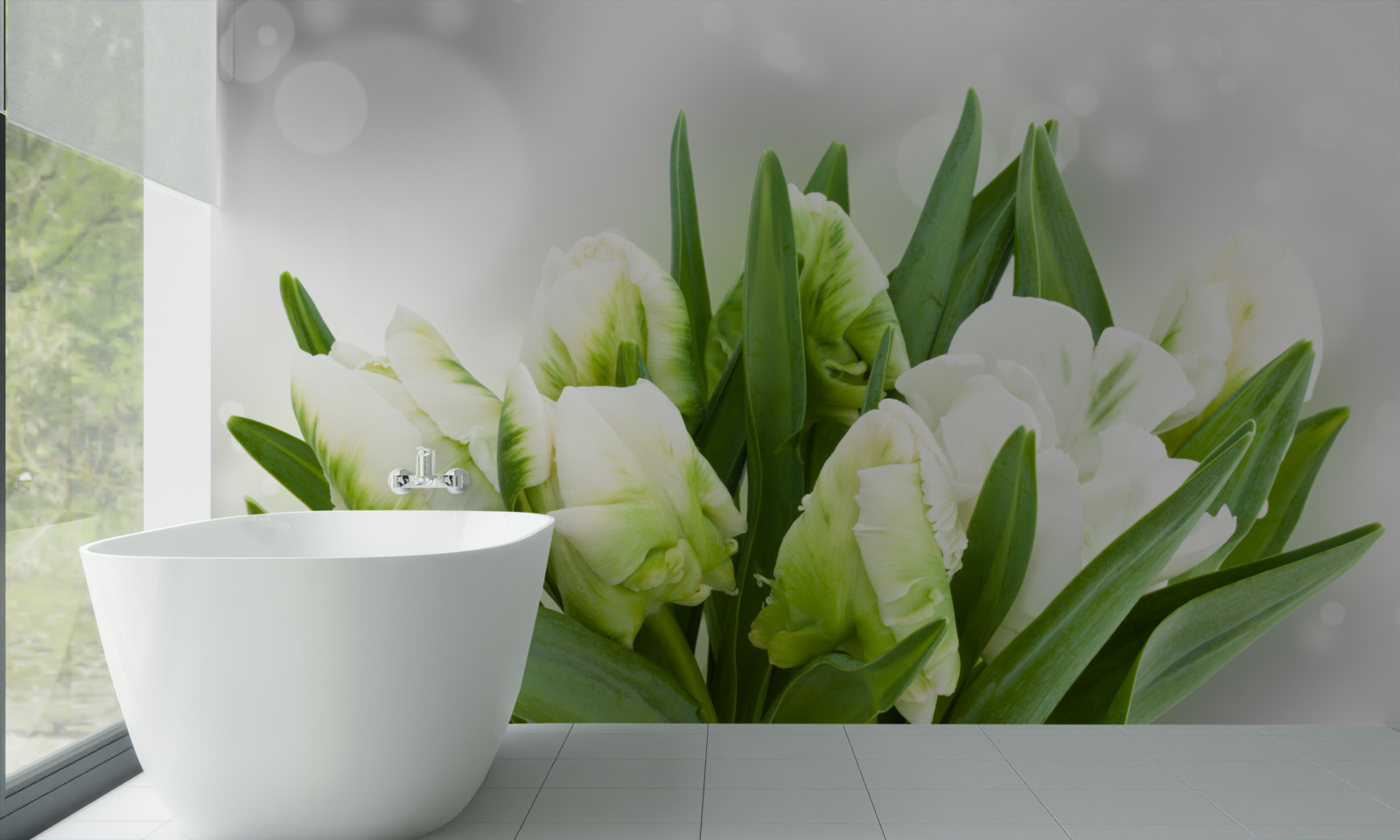 Papier peint composition de tulipes dans les tons de blanc et de vert