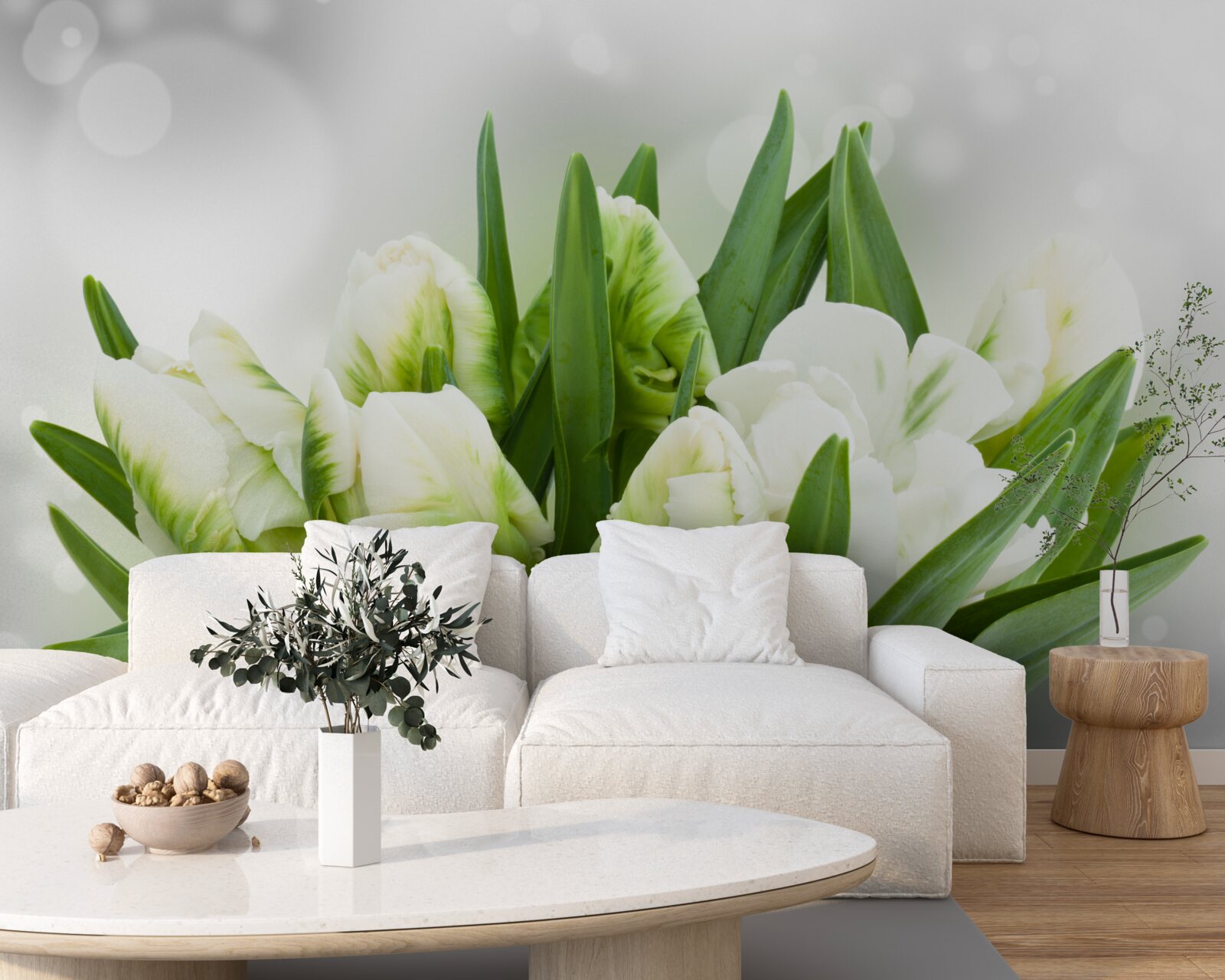 Papier peint composition de tulipes dans les tons de blanc et de vert