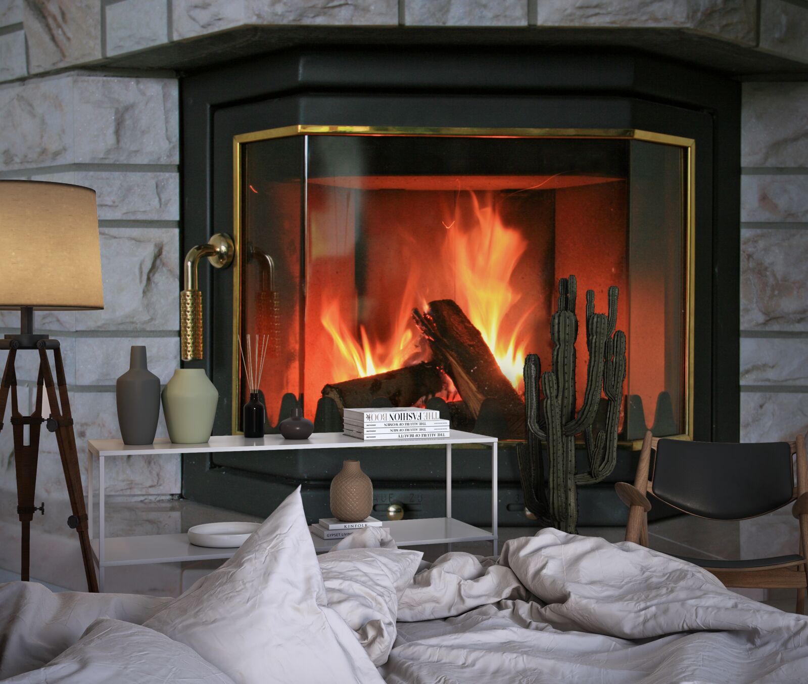 Papier peint cheminée dans un mur en pierre