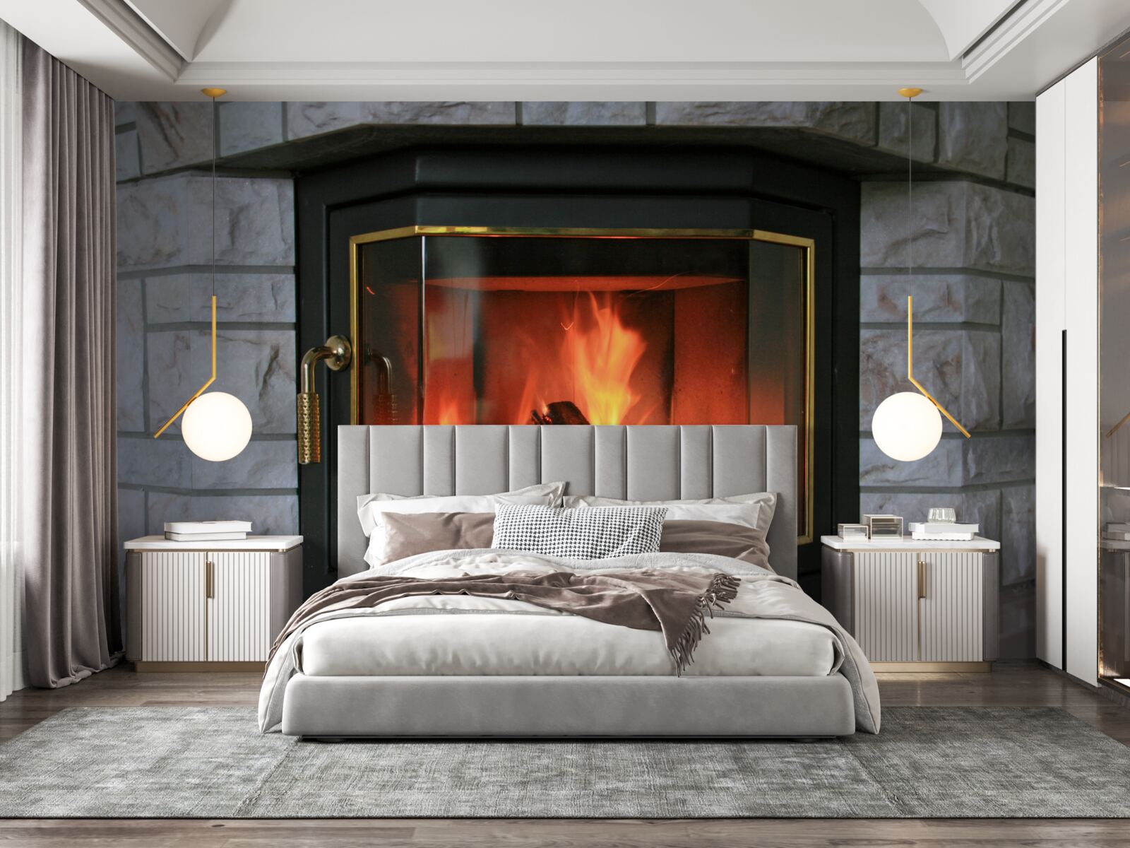 Papier peint cheminée dans un mur en pierre