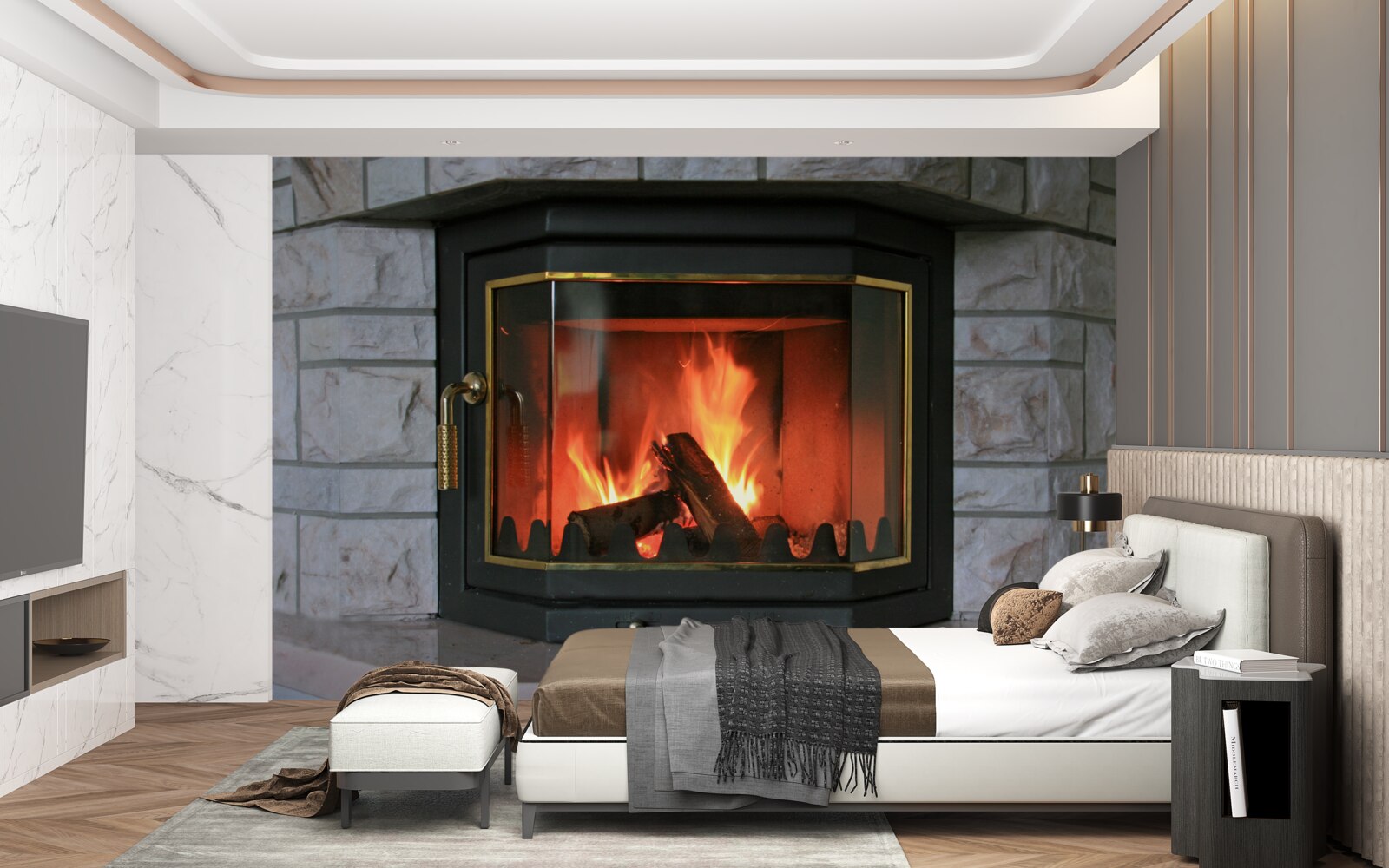 Papier peint cheminée dans un mur en pierre