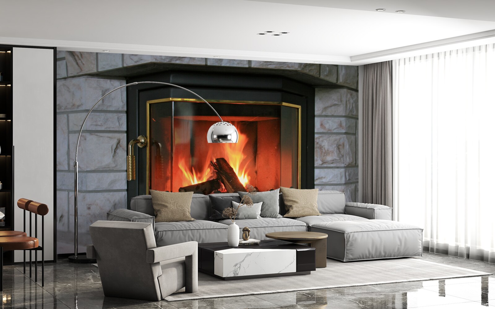 Papier peint cheminée dans un mur en pierre