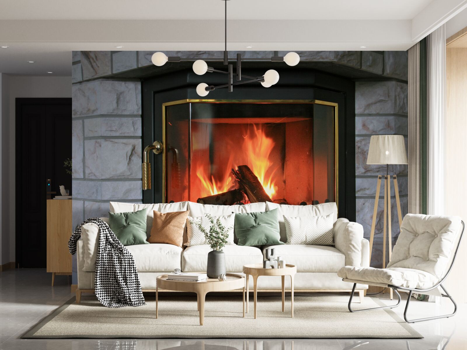 Papier peint cheminée dans un mur en pierre