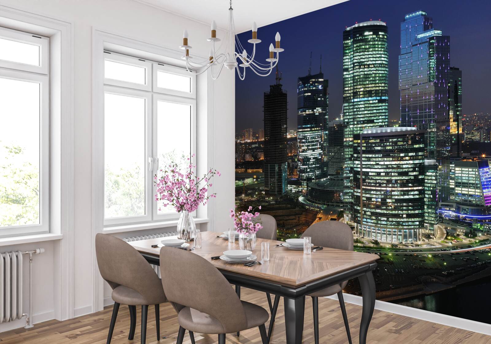 Papier peint gratte-ciel urbains éclairés par des lumières