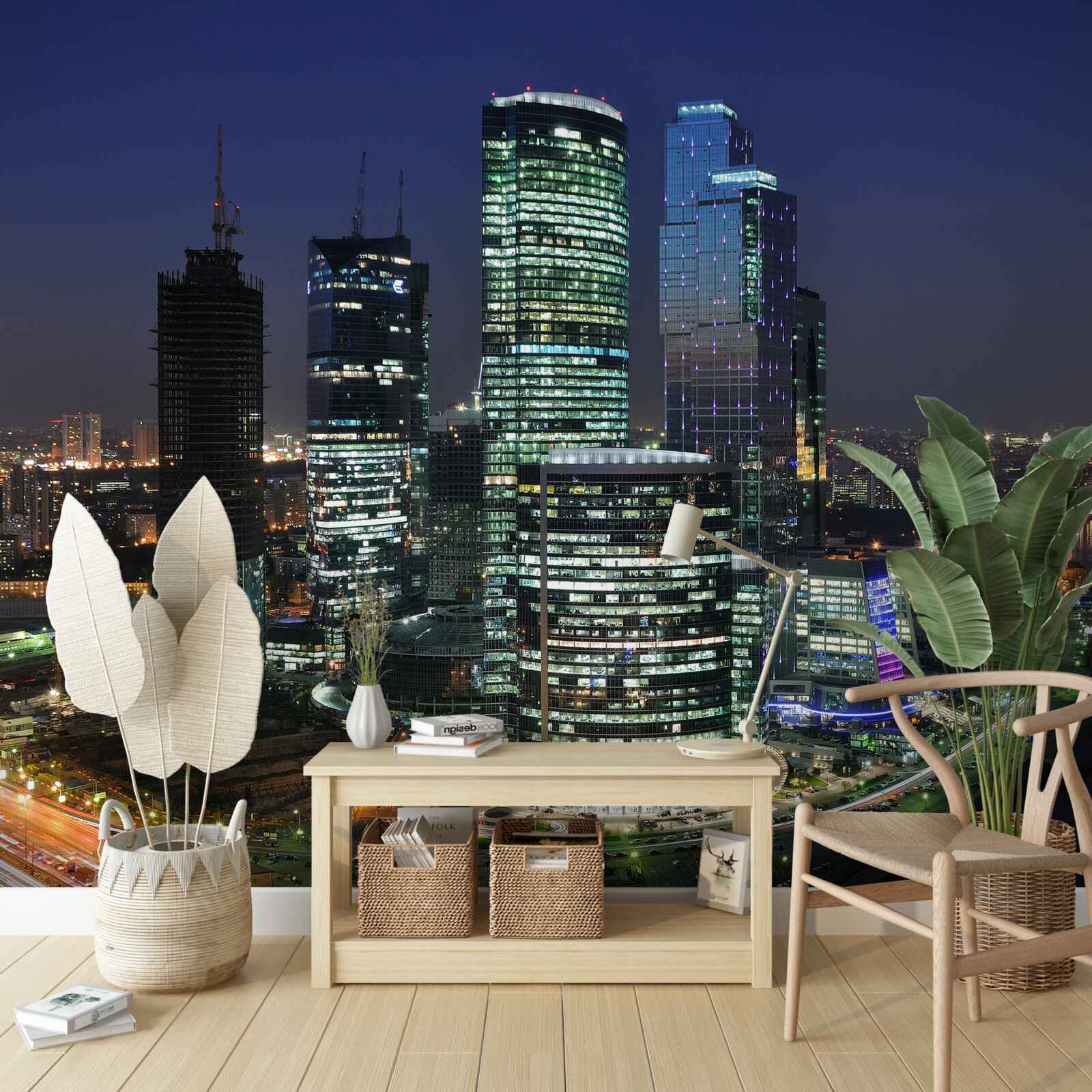 Papier peint gratte-ciel urbains éclairés par des lumières