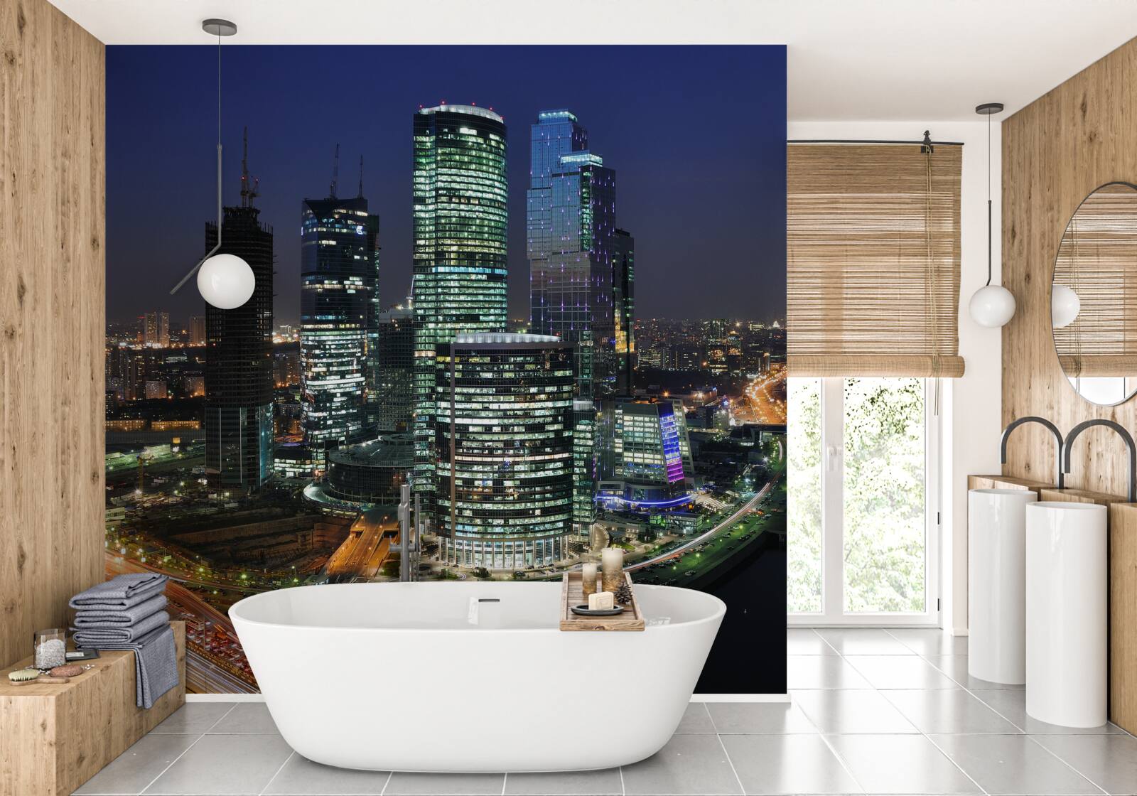 Papier peint gratte-ciel urbains éclairés par des lumières