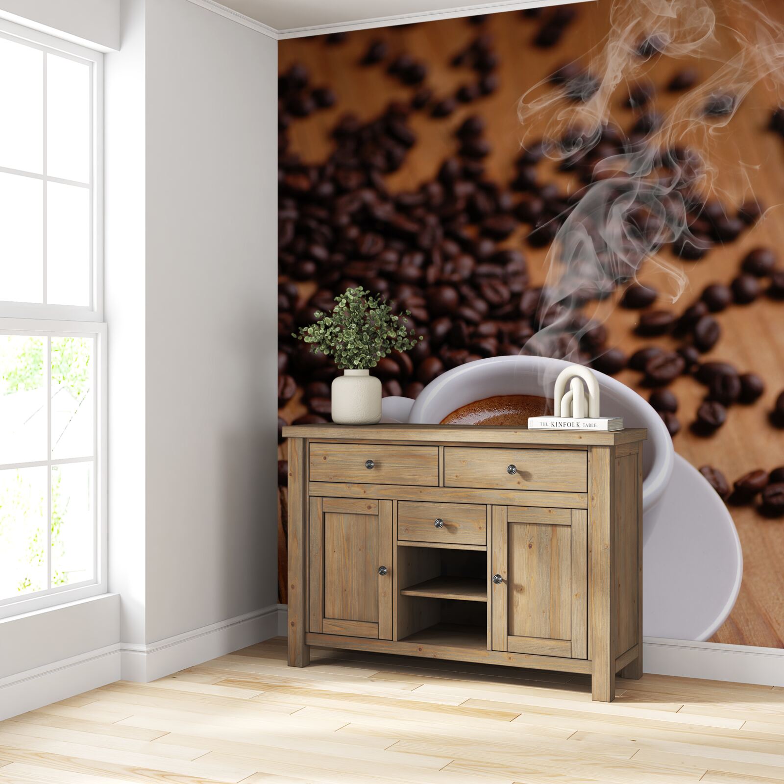 Papier peint tasse de café avec des grains émettant des arômes