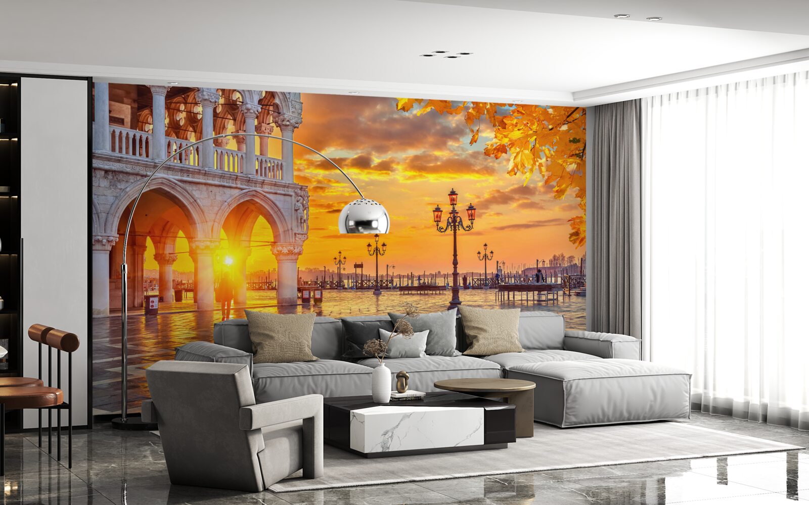 Papier peint rayons chauds et lumineux du soleil couchant sur la place principale