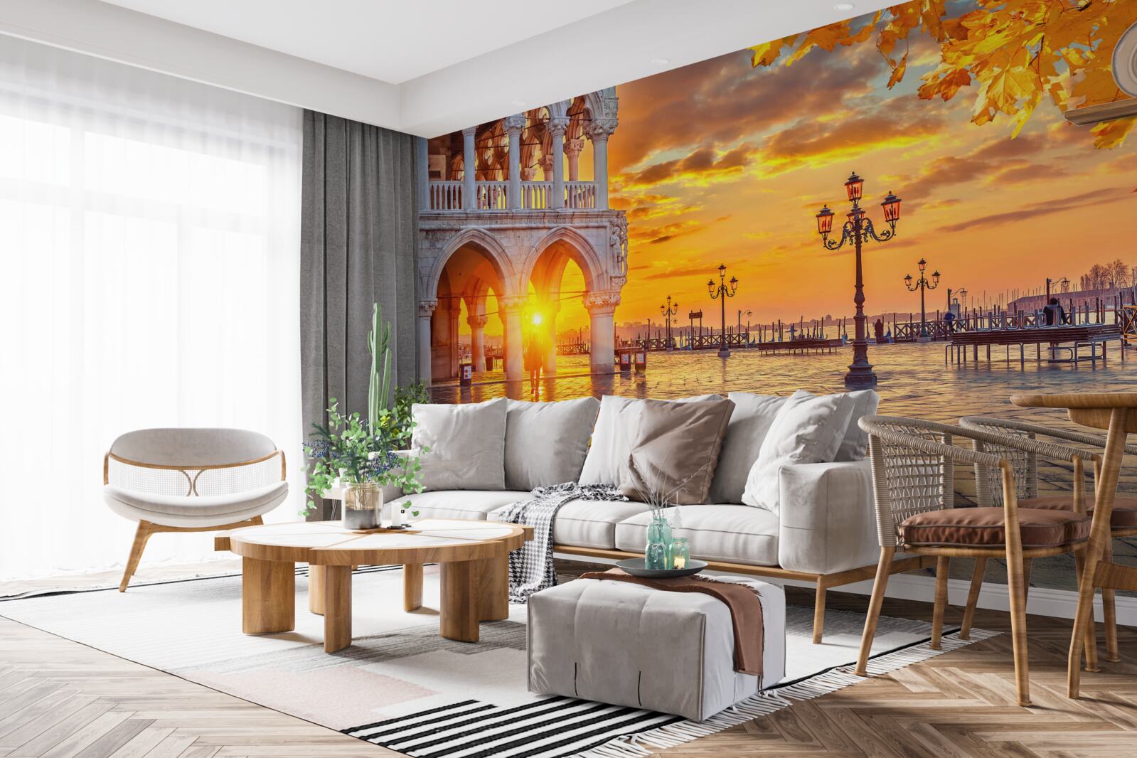 Papier peint rayons chauds et lumineux du soleil couchant sur la place principale