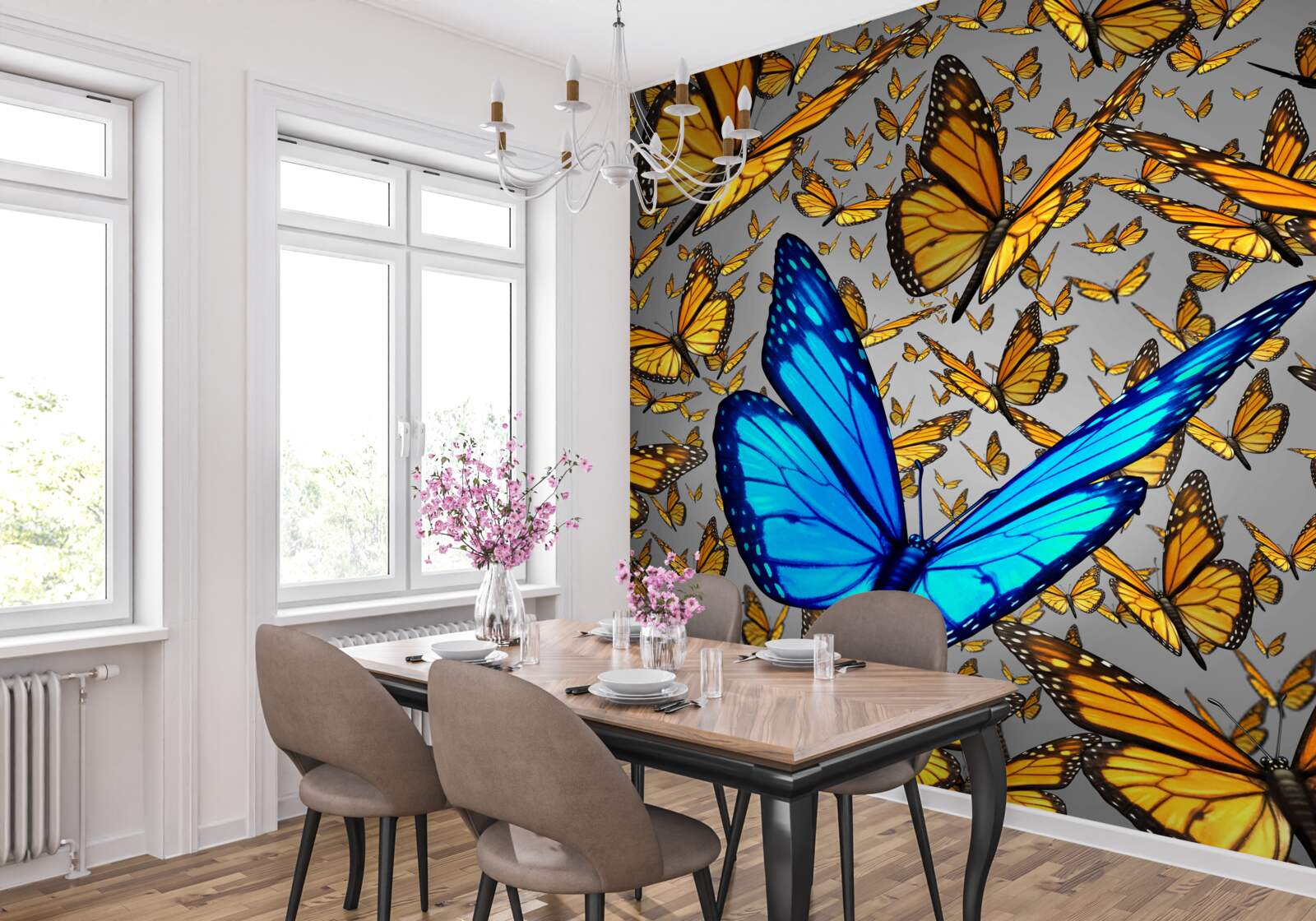 Papier peint le papillon bleu se distingue nettement des jaunes