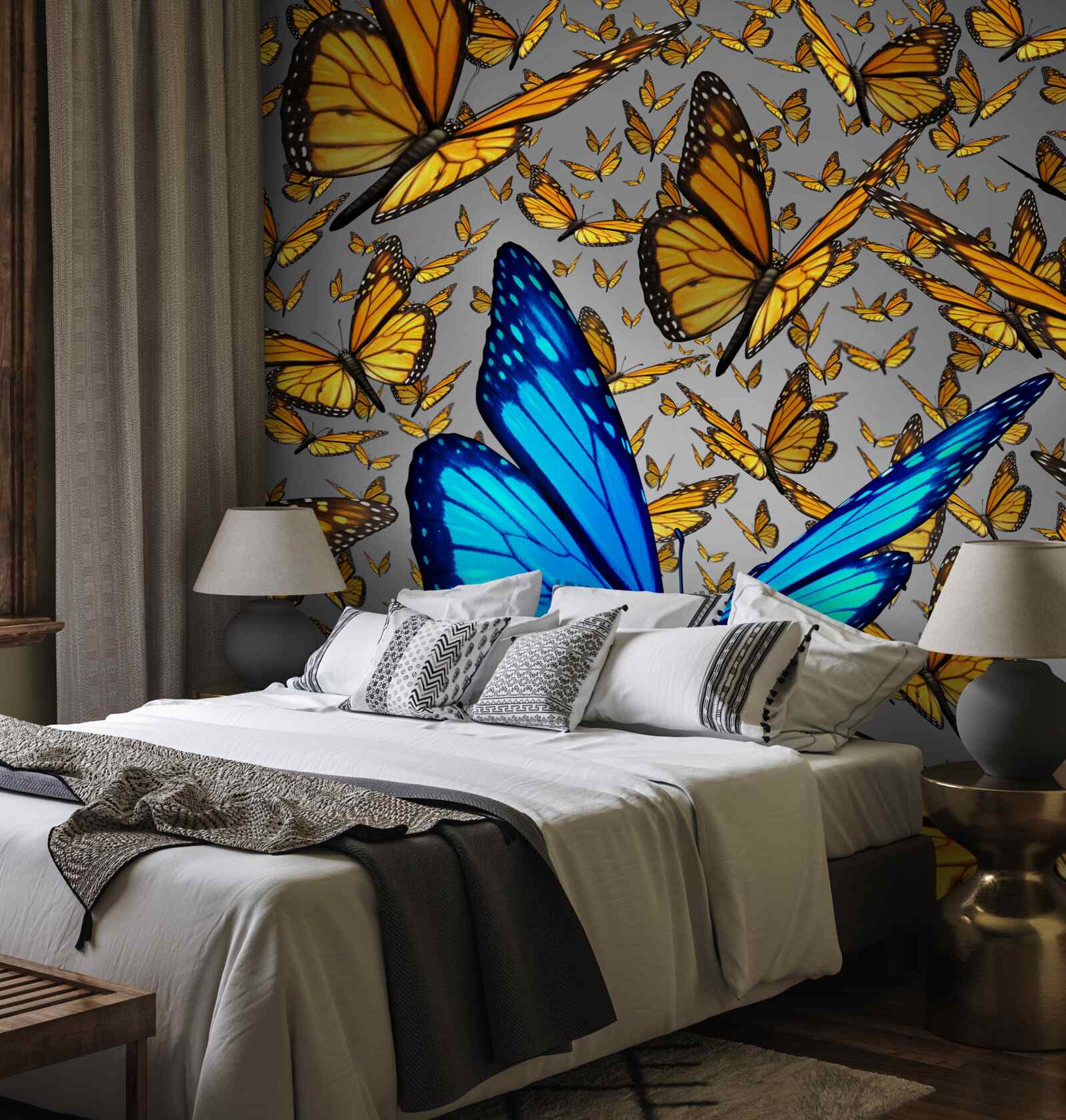 Papier peint le papillon bleu se distingue nettement des jaunes