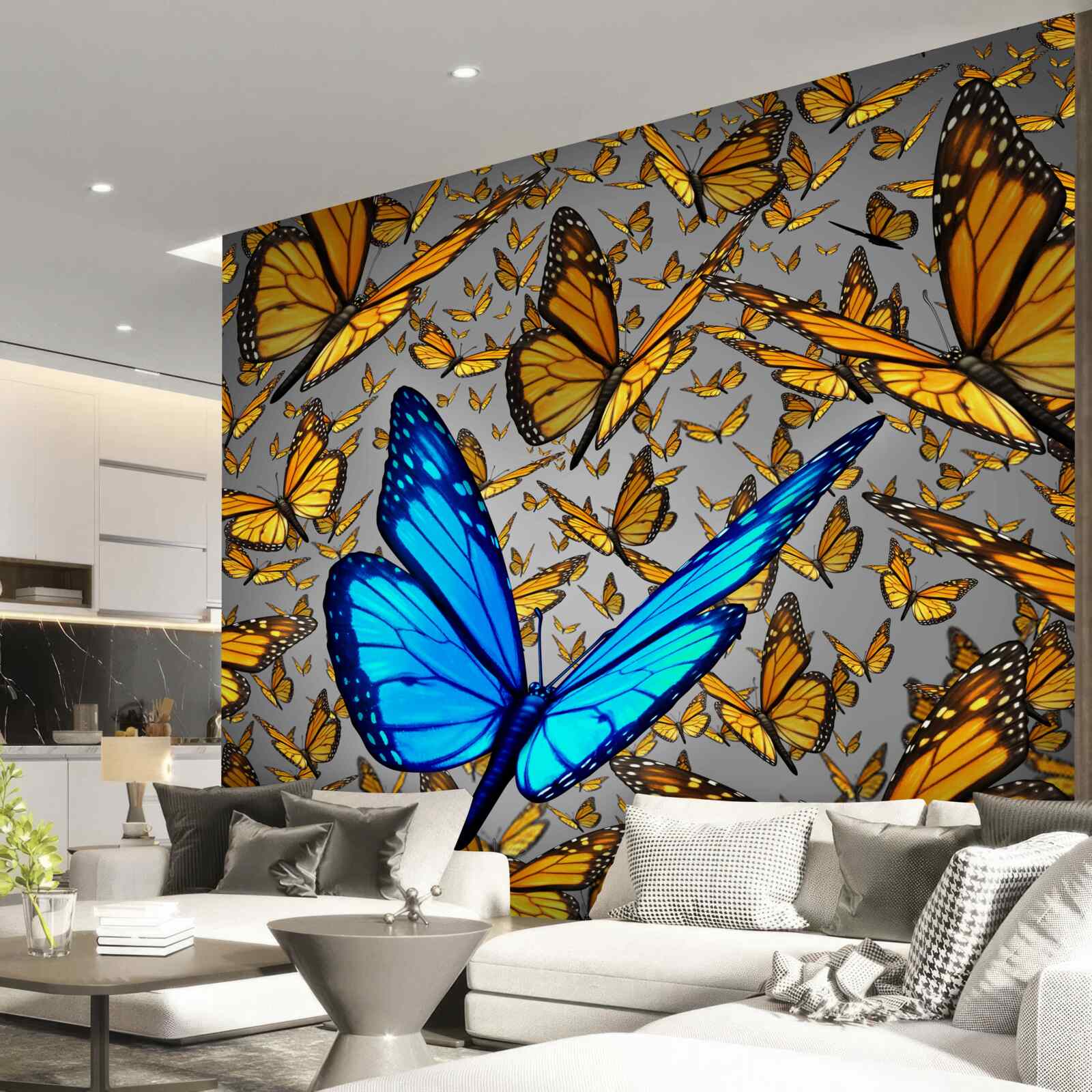 Papier peint le papillon bleu se distingue nettement des jaunes