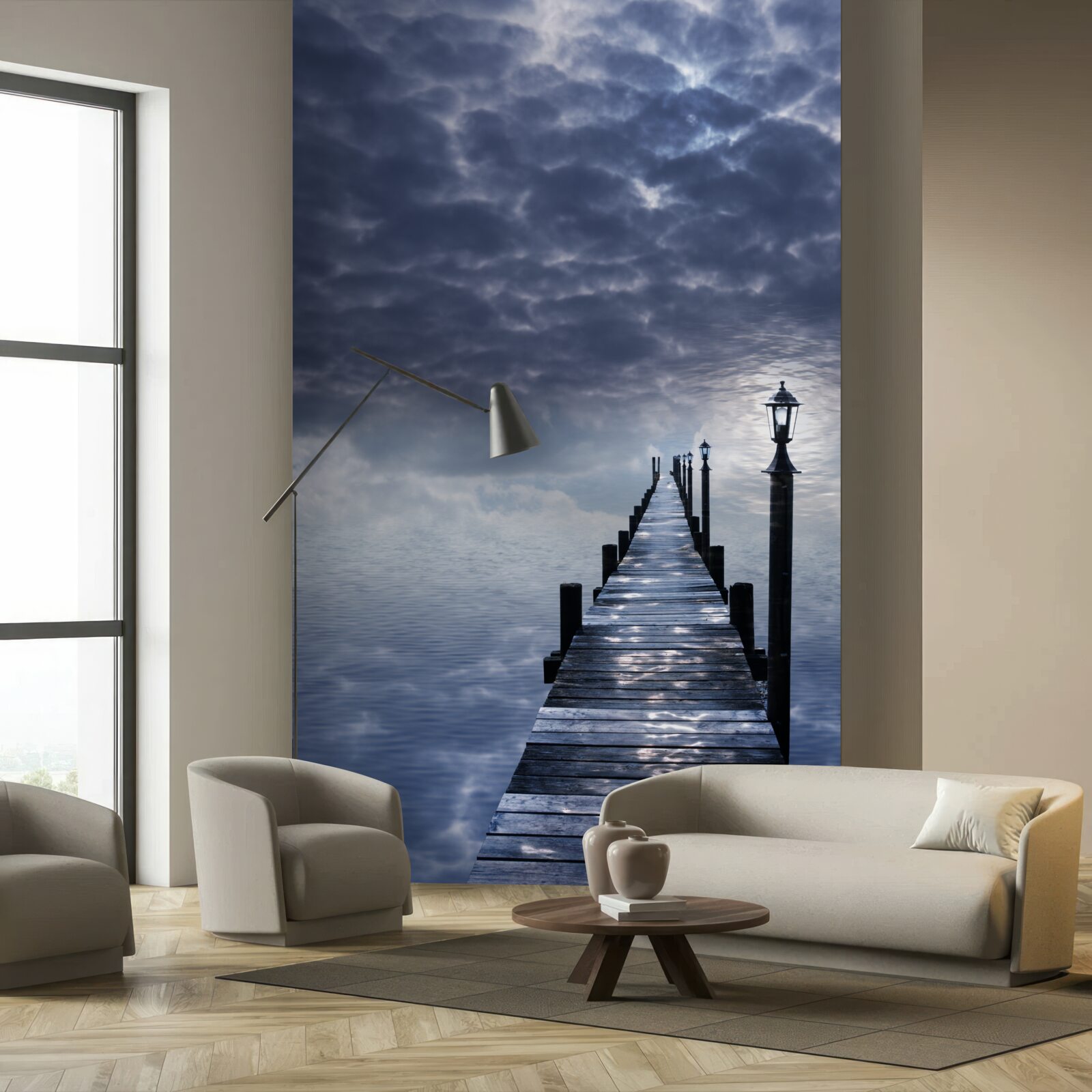 Papier peint pont en bois s'élevant au-dessus de la surface de l'eau