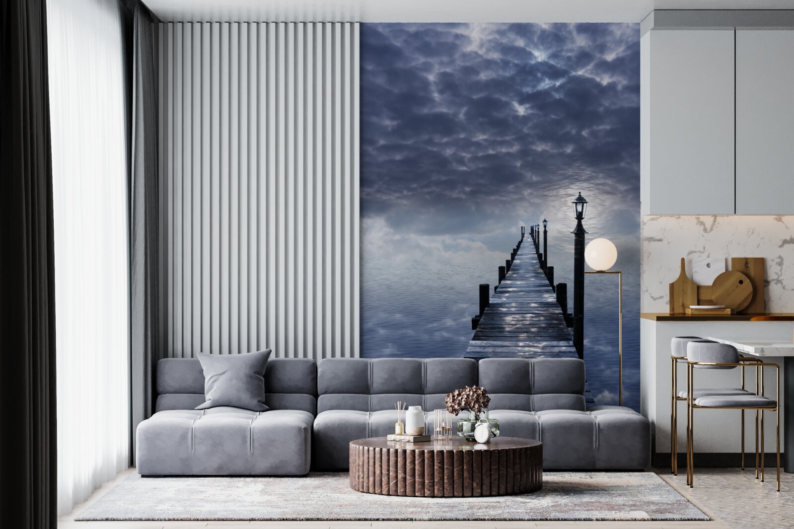 Papier peint pont en bois s'élevant au-dessus de la surface de l'eau