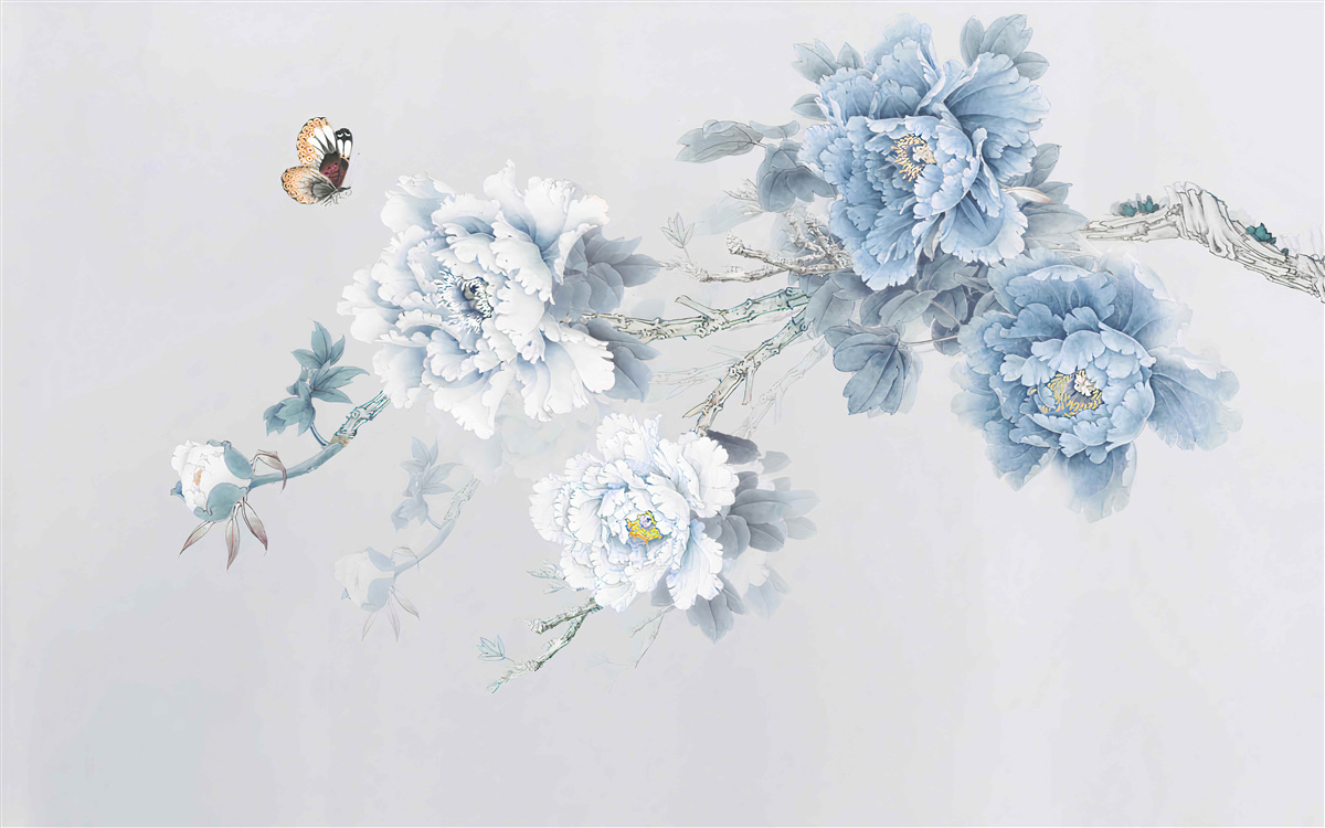 Papier peint un papillon se pose près des branches des fleurs épanouies